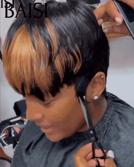 BAISI Perruque Pixie 47€ Lisse NOIR ou Mixte sans Colle sans lace Couleurs personnalisées en 100% Cheveux Humains