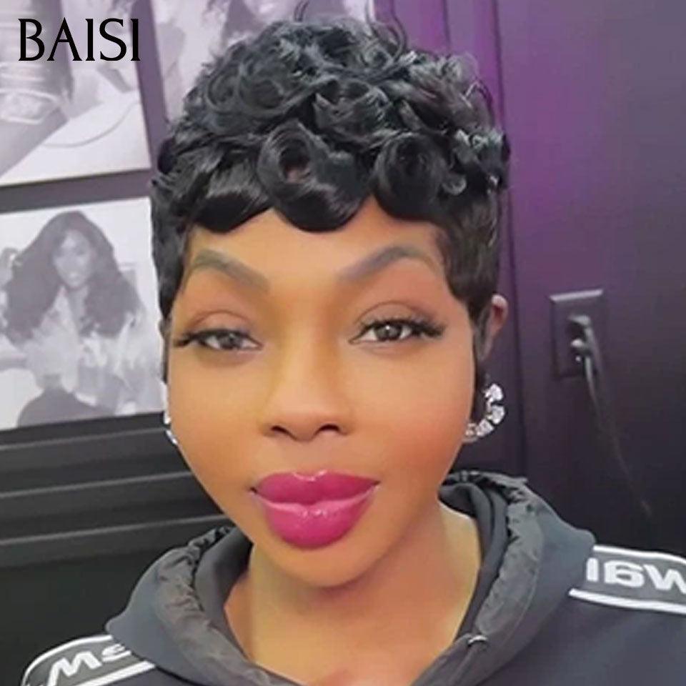 BAISI 3 perruques au choix 99€ ajouter dans le panier un par un au prix d'usine fournisseur coiffure Personnalisée boucle sans colle ou 13X4 lace 9 différentes types de perruques pixie vente en gros pour revendre (Pas Besoin de Code)