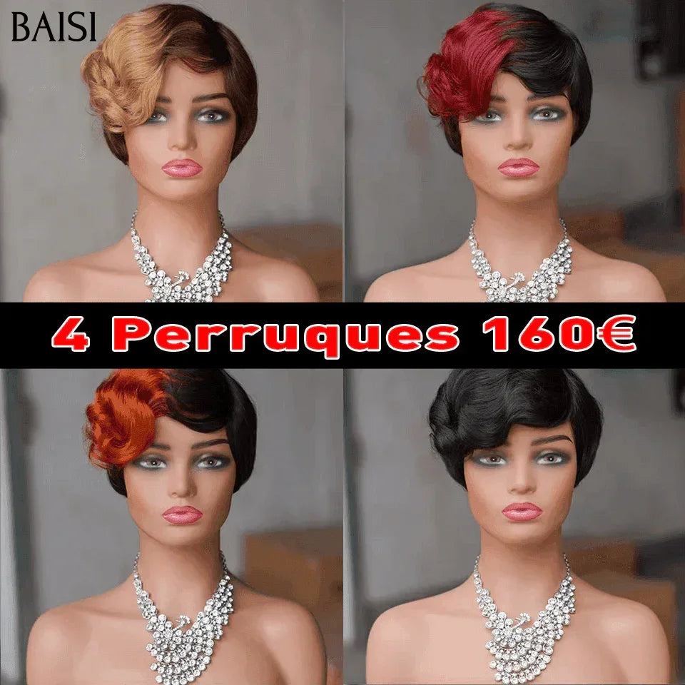 BAISI Pixie perruque chioma finger wave NOIR Avec Frontale 55€ ou En 4 Couleur #4#27 et orange et 99J et noir 160€ sans colle sans lace en 100% Cheveux Humains