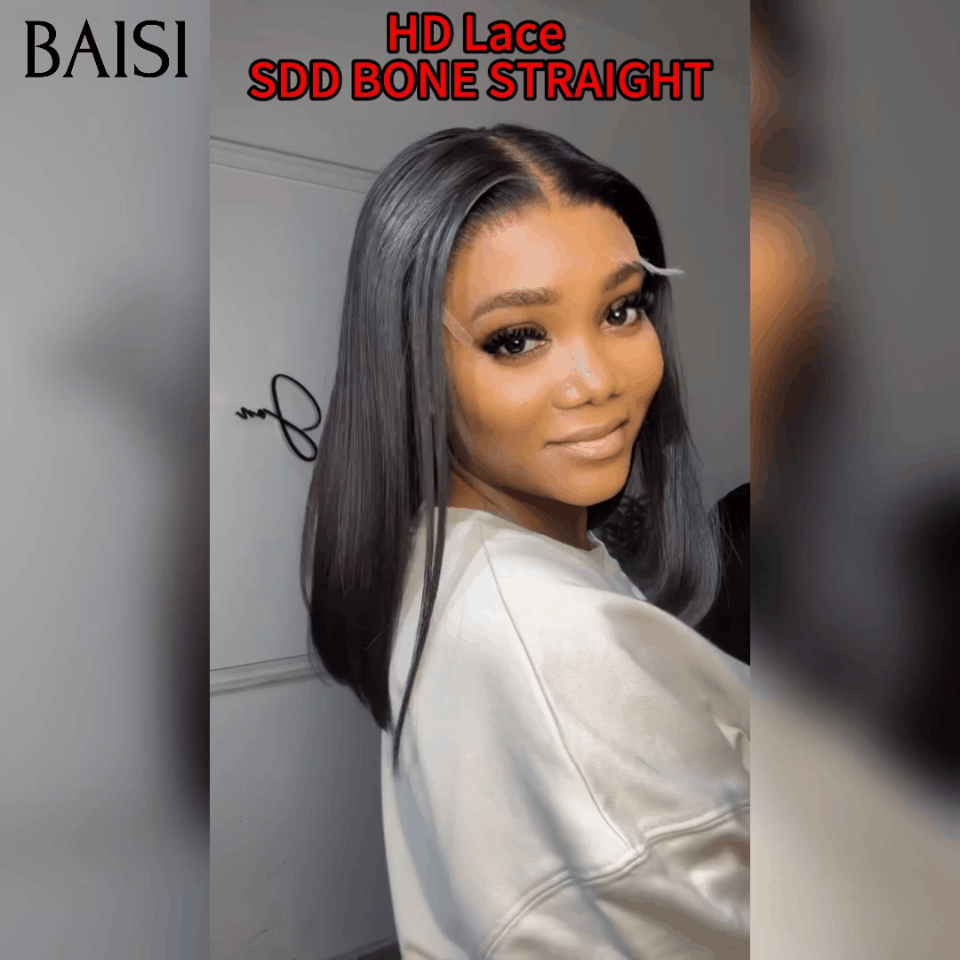 BAISI 5x5 HD lace Invisible Perruque Lisse Bob SDD BONE STRAIGHT en Noir en 100% Cheveux Humains 200% Densité