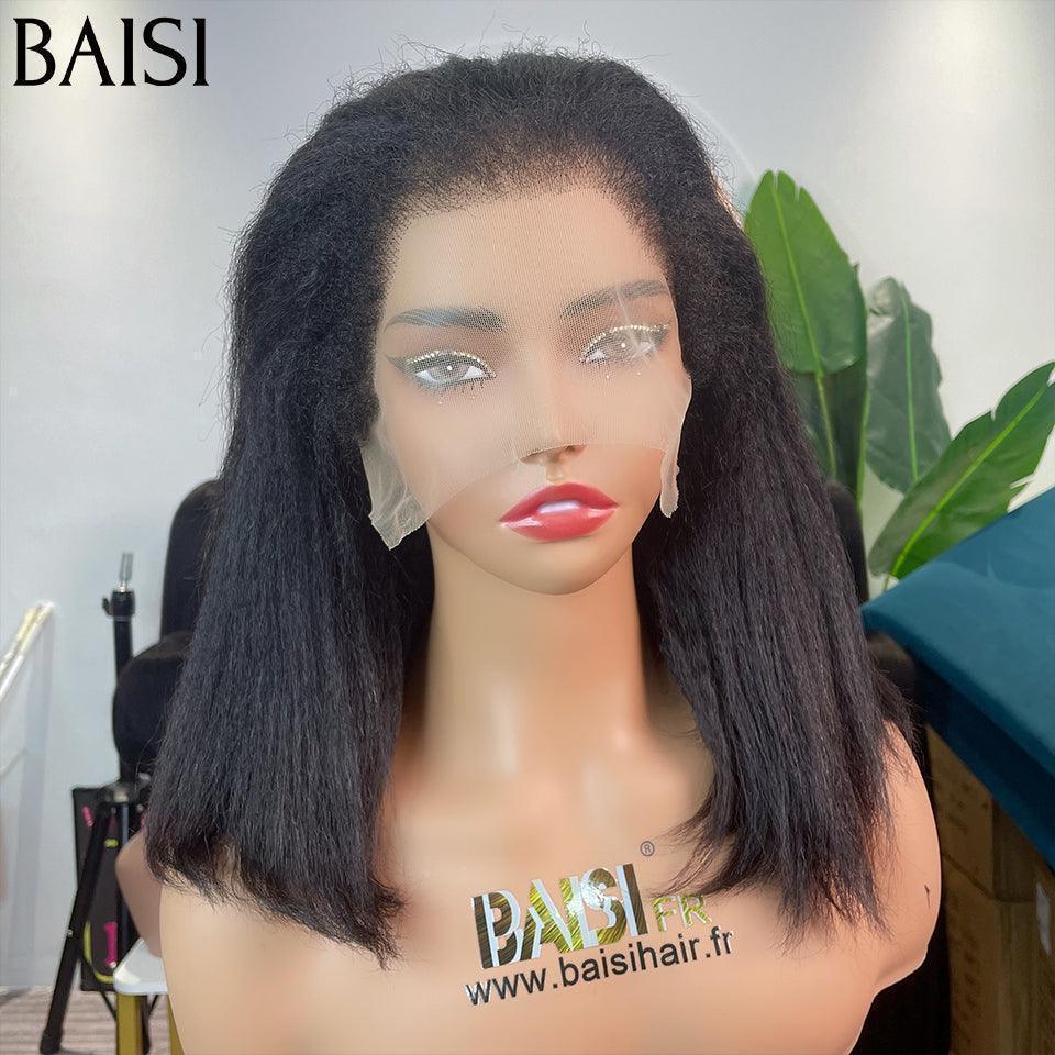 BAISI 13X4 Perruque Bob Kinky Straight En Noir 12 pouces en 100% Raw Hair 4C Hairline Vietnam Hair 300% densité plus de 20 ans d' utilisations B
