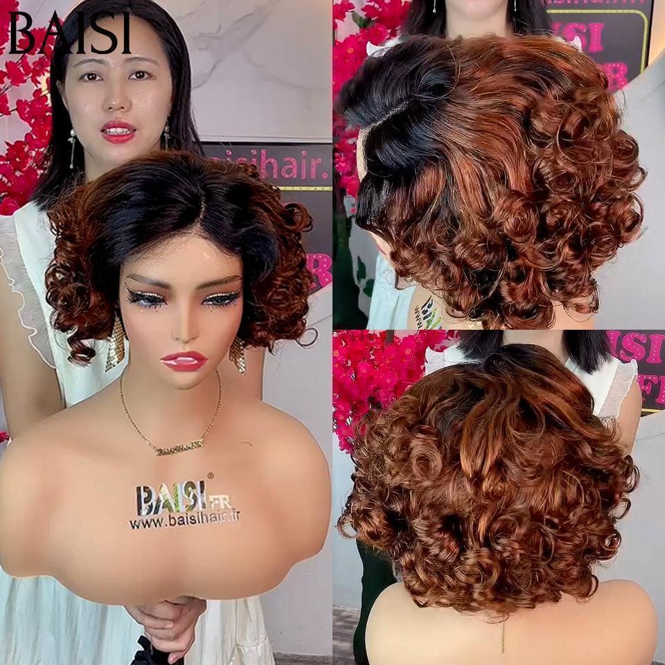 BAISI Perruque 4X4 Pixie Egg Curls Raie sur le côté 1BT33# 10 Pouces en 100% Cheveux Humains #025