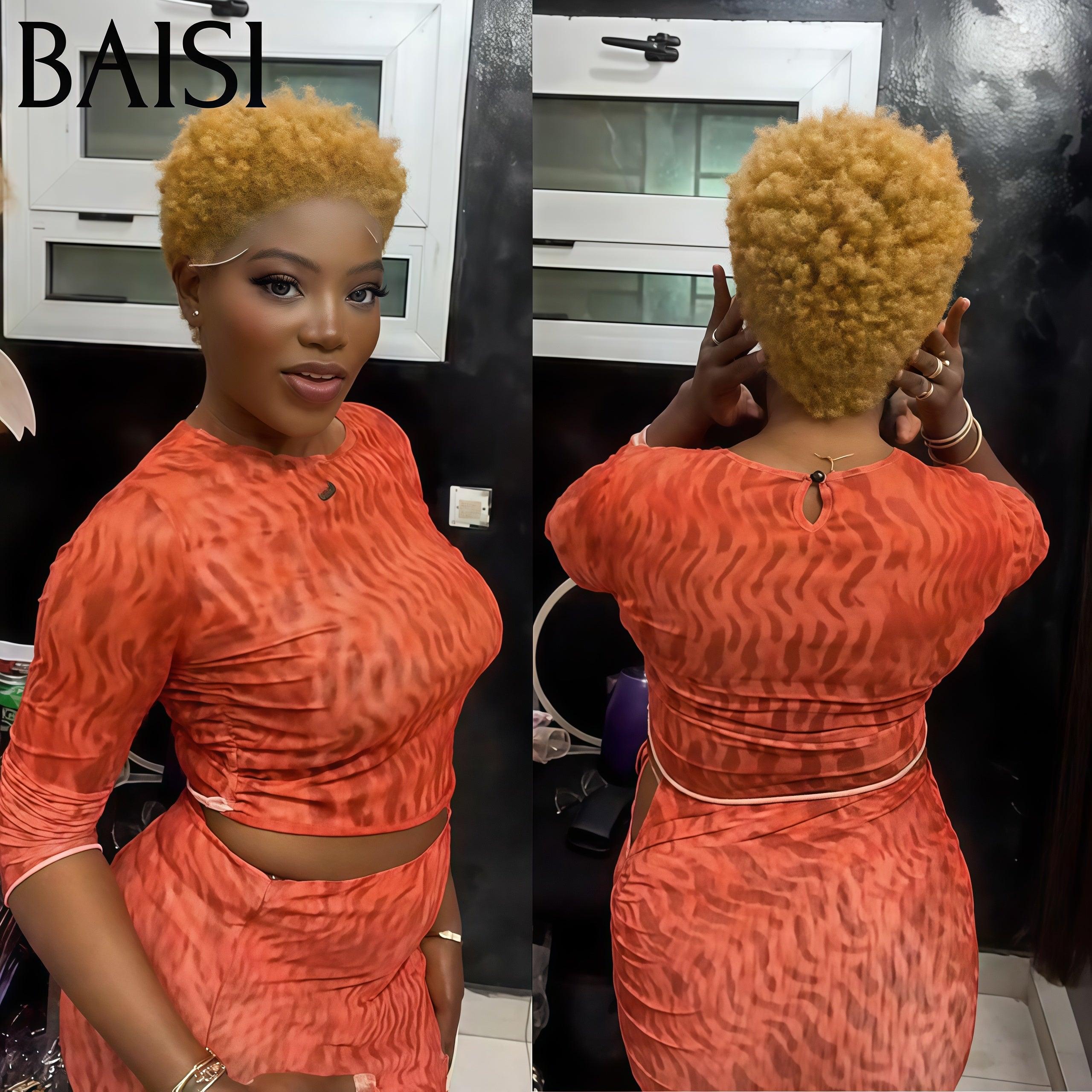 BAISI Perruque Pixie Afro Curl 13x4 lace frontal bouclé partout Couleur Miel 27# en 100% cheveux humains F-905