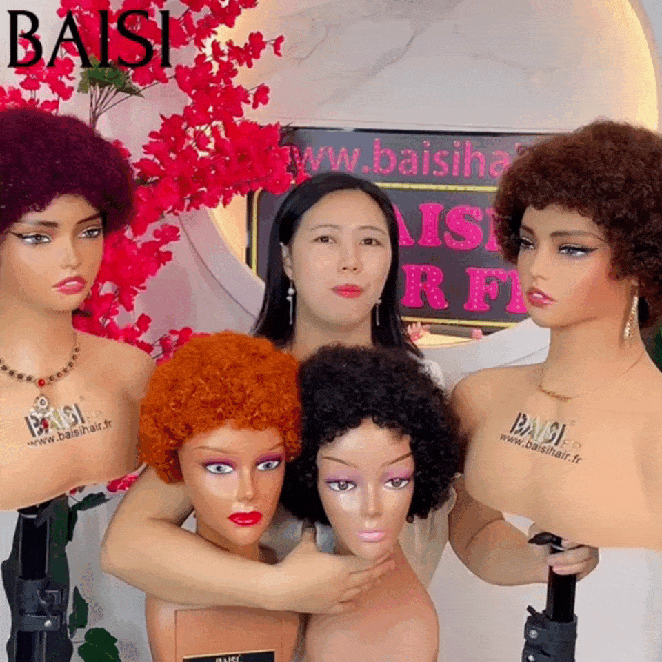 BAISI 4 Couleur Perruques 120€ Pixie Afro sans lace sans colle bouclé partout Noir en 100% cheveux humains
