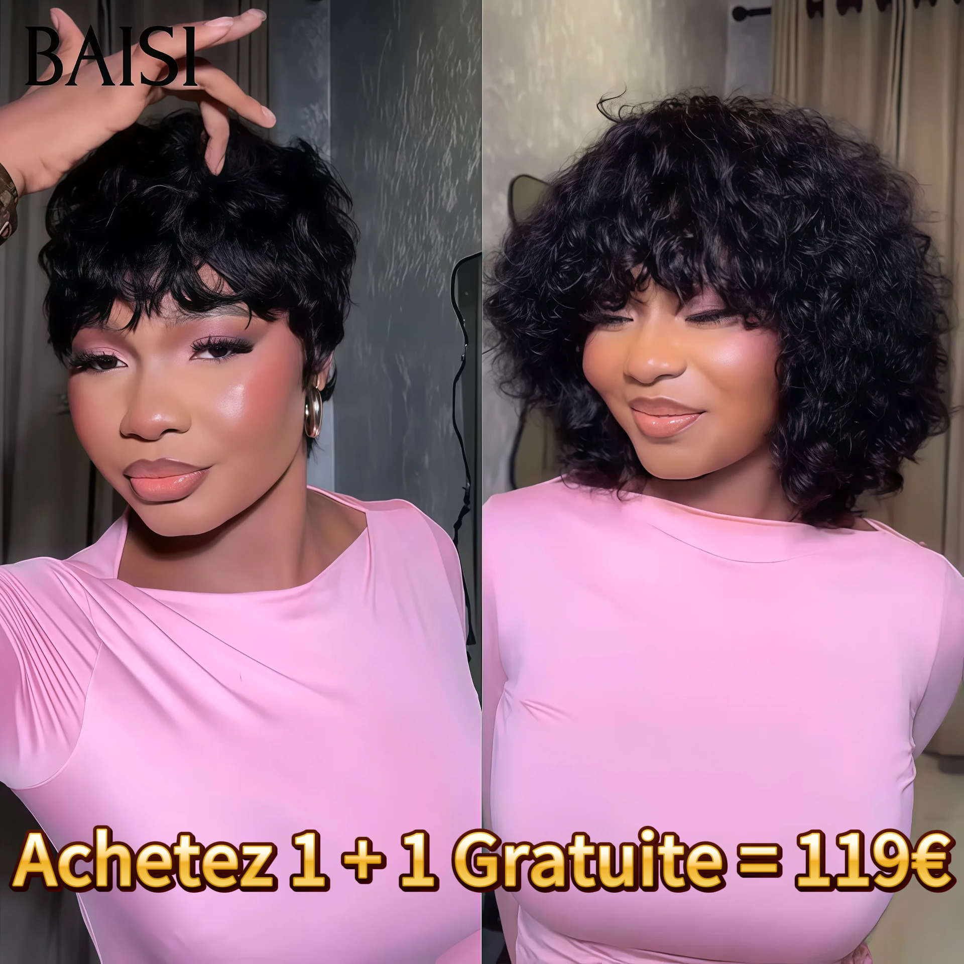 BAISI Achetez 1 + 1 Gratuite = 119€ sans lace pixie Lisse et water wave ou 6 Perruques + 2 Gratuits = 500€ en 100% vrais cheveux humains (pas besoin de code)