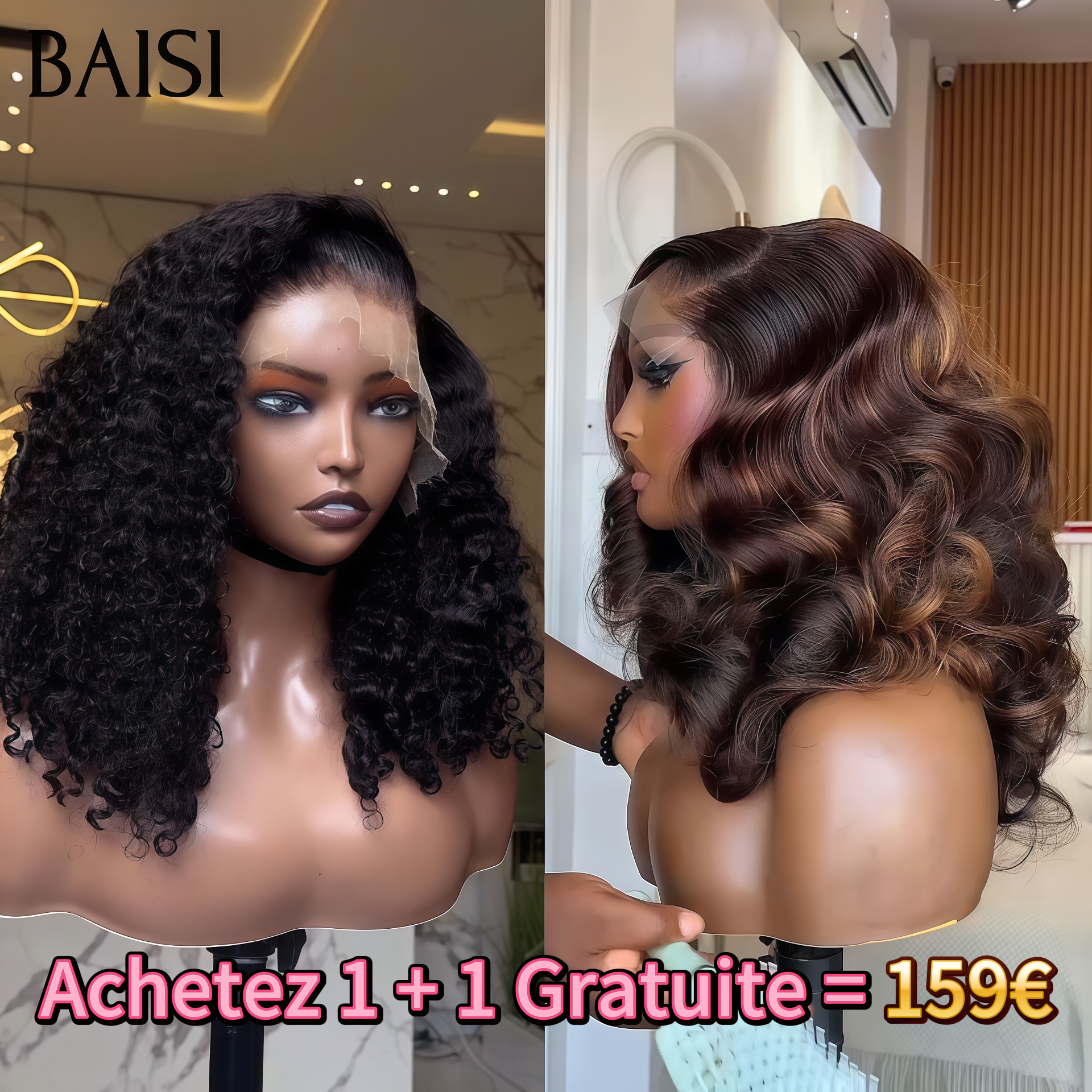 BAISI Achetez 1 + 1 Gratuite = 159€ Perruque 13x4 lace frontal curly wave 16 Pouces et 5x5 lace egg wave 12 Pouces en 100% vrais cheveux humains