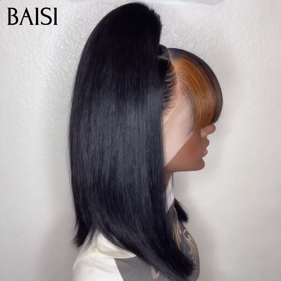 BAISI 13x4 lace Perruque Coiffée Bob Lisse Avec Frange Couleur Noir 1B# 139€ Pas Besoin de Colle Installation Facile Et Pratique en 100% Cheveux Humains