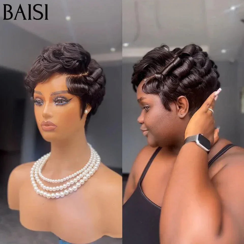 BAISI Perruque Pixie vague En Couleur noir 58€ en 100% Cheveux Humains