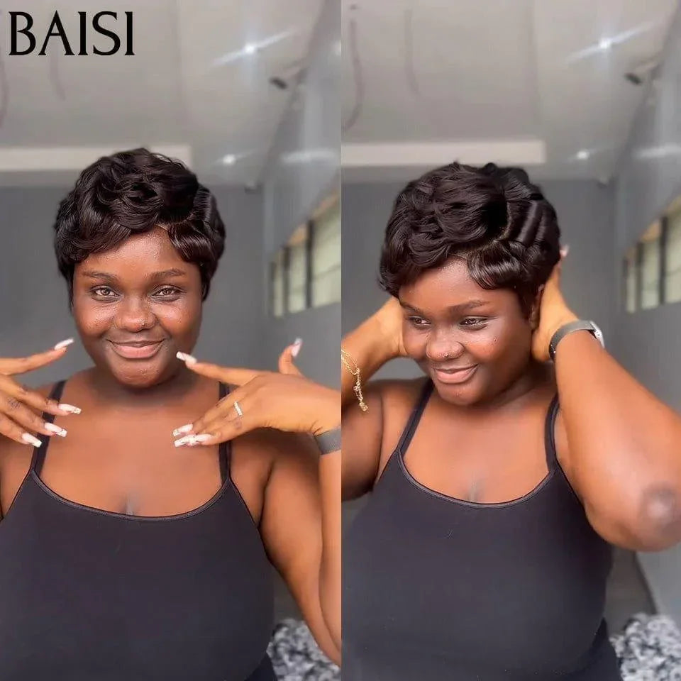 BAISI Perruque Pixie vague En Couleur noir 58€ en 100% Cheveux Humains