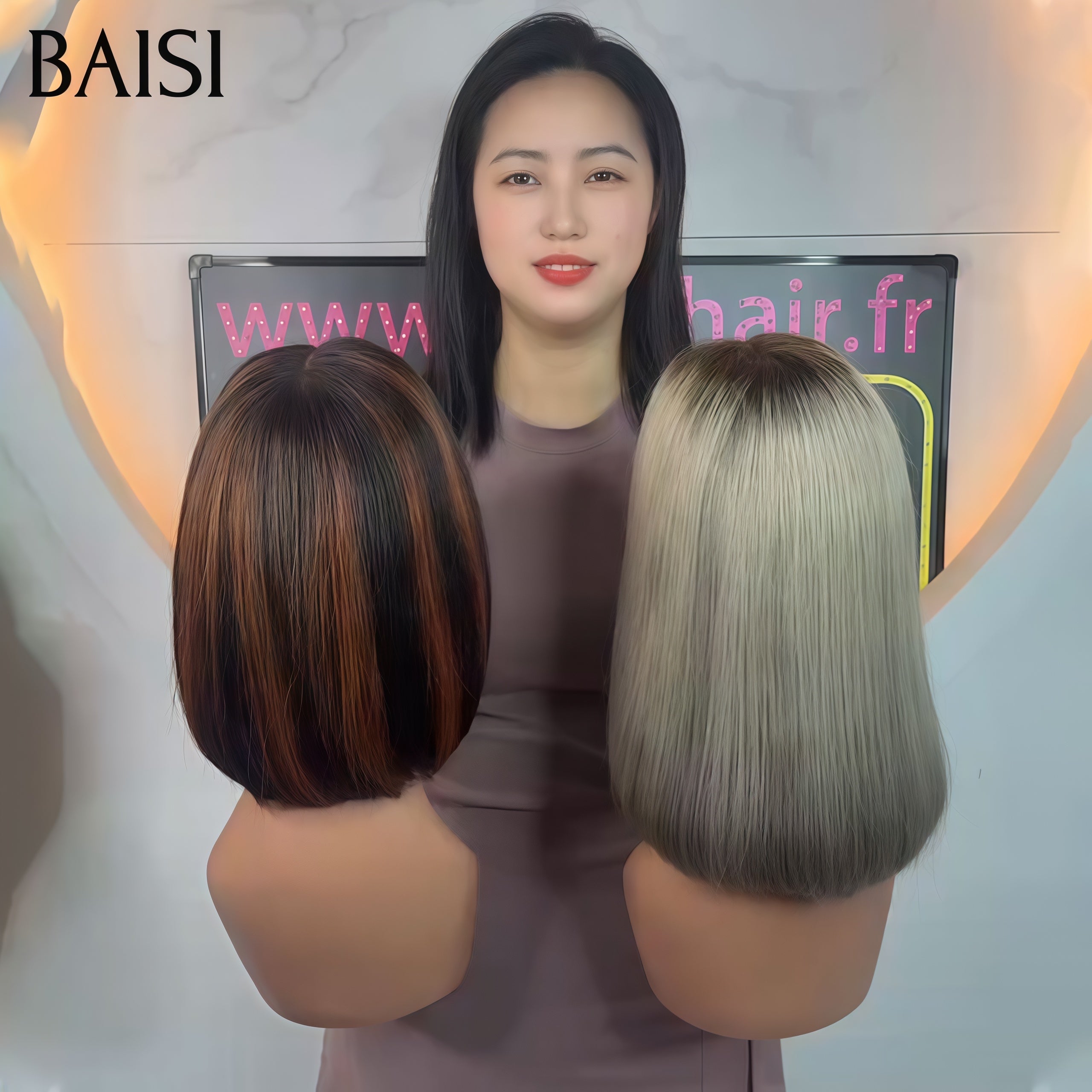 BAISI PROMO 2 perruques 169€ 2X6 lace closure Lisse BOB en couleur NOIR Mixte brun et gris de luxe SDD BONE Straight Lisse Bob Haute Qualité en 100% Vietnam Hair