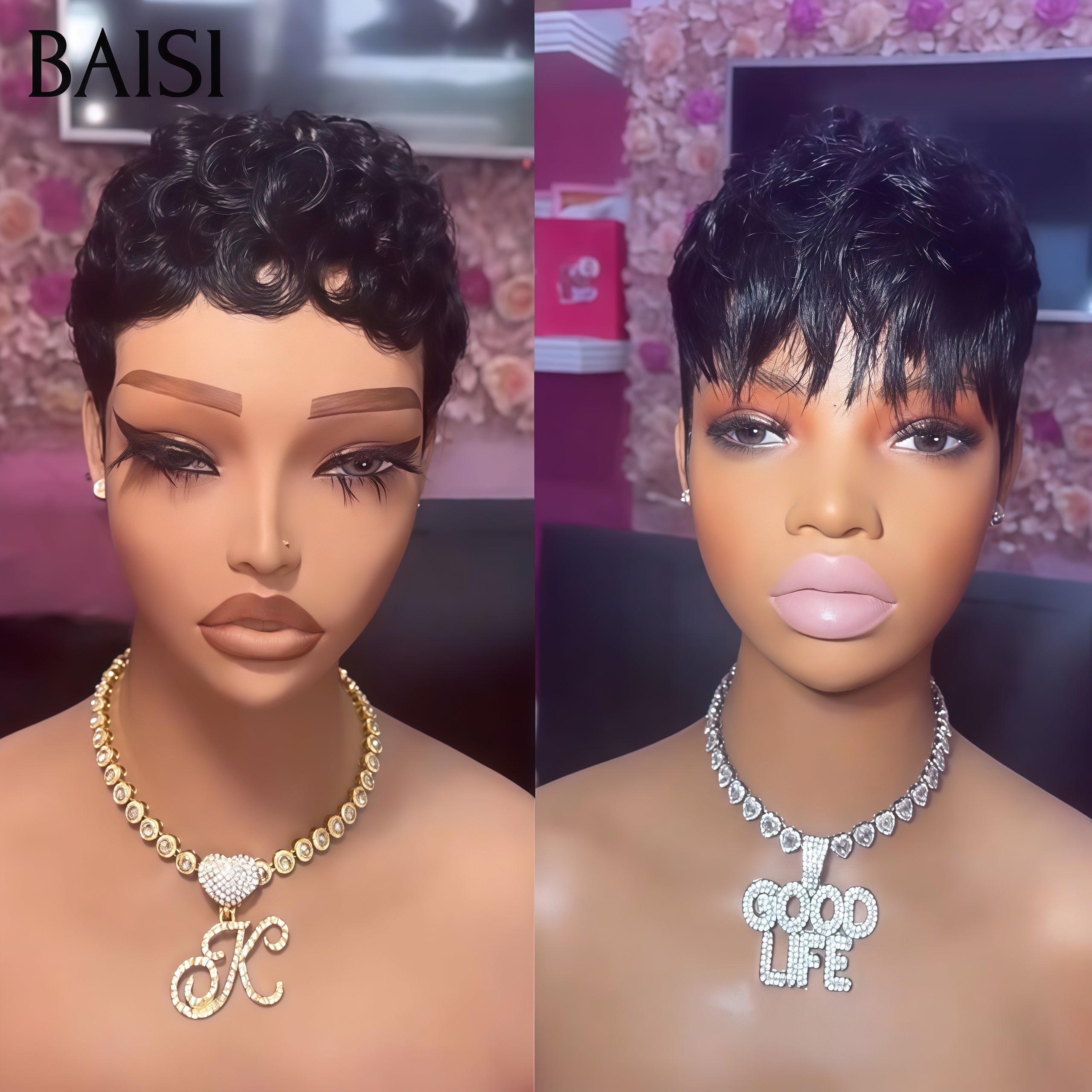 BAISI PROMO 2 Perruques 55€ pixie Sans Colle finger wave et Lisse NOIR Moitié Prix Fabriqué à la Machine en 100% cheveux humains