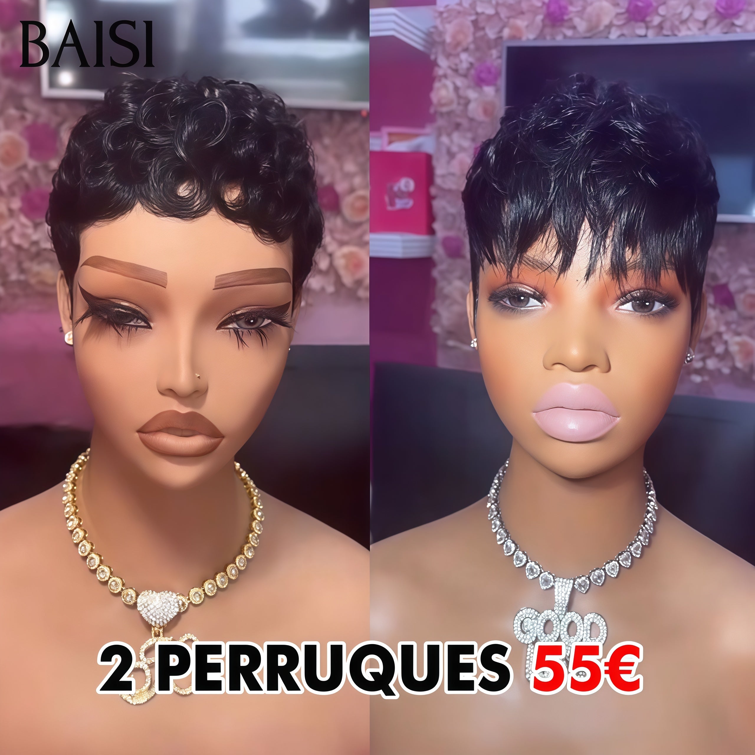 BAISI PROMO 2 Perruques 55€ pixie Sans Colle finger wave et Lisse NOIR Moitié Prix Fabriqué à la Machine en 100% cheveux humains