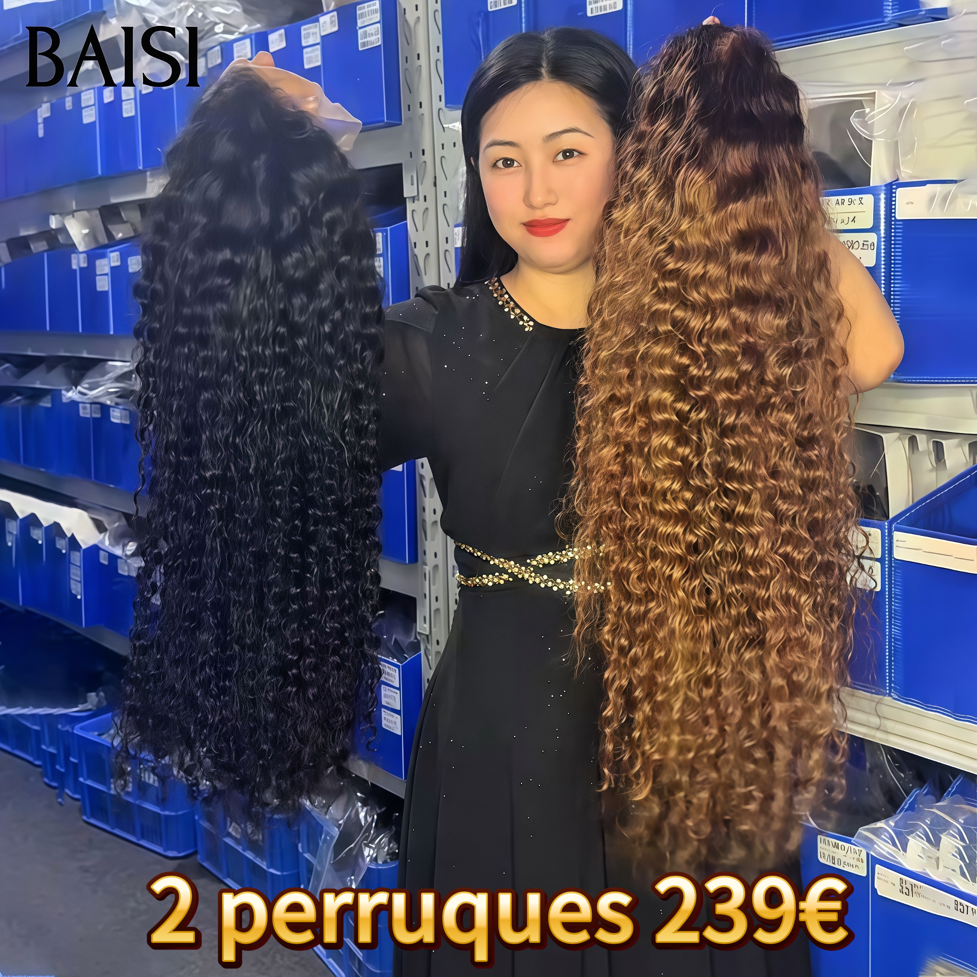 BAISI Promotion 2 perruques 239€ 13X4 lace frontal 22 pouce Curly Marron et NOIR 100% vrais cheveux humains BS120