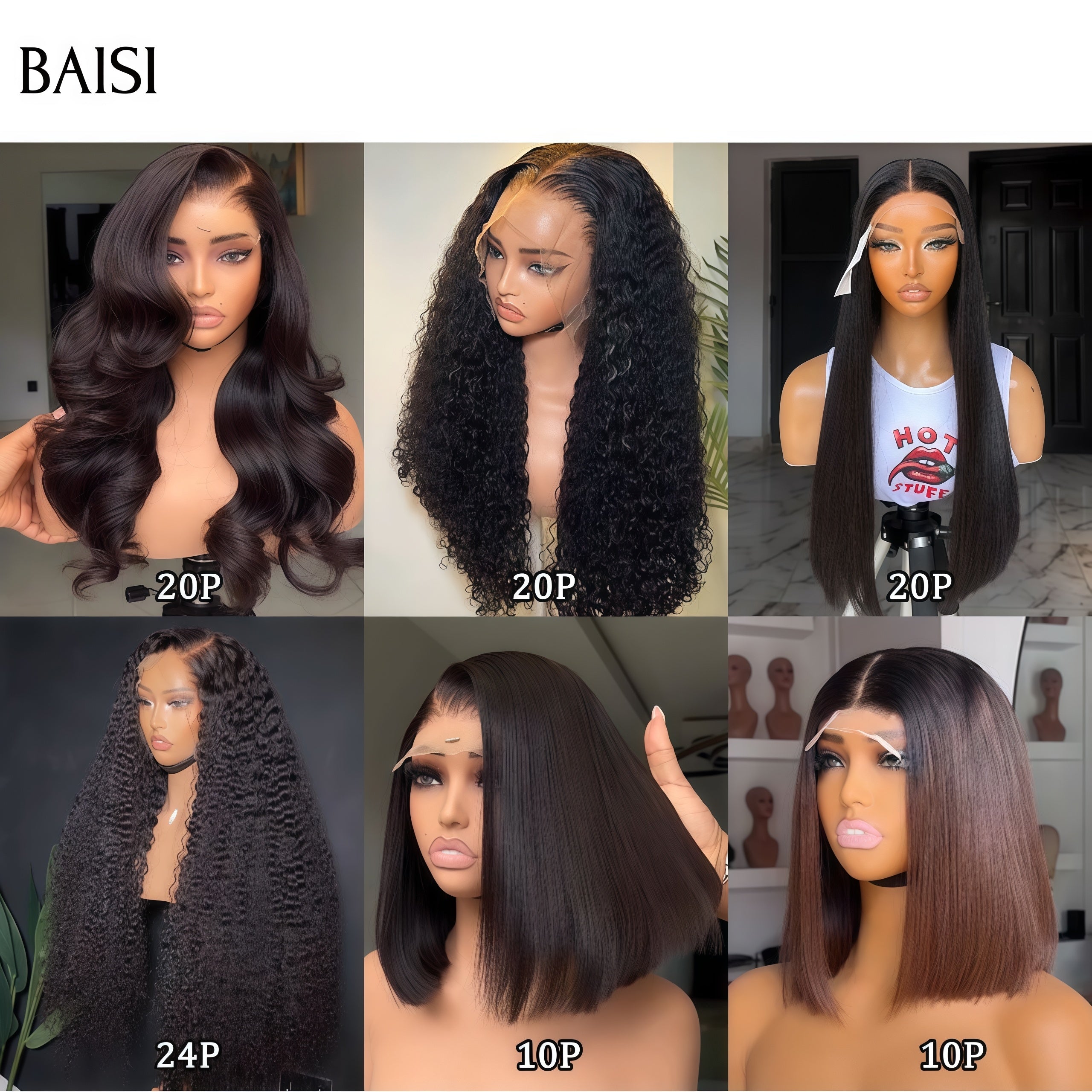 BAISI 6 perruques 499€ 6 types de perruques différents Lisse et curly et Body wave en 100% cheveux humains