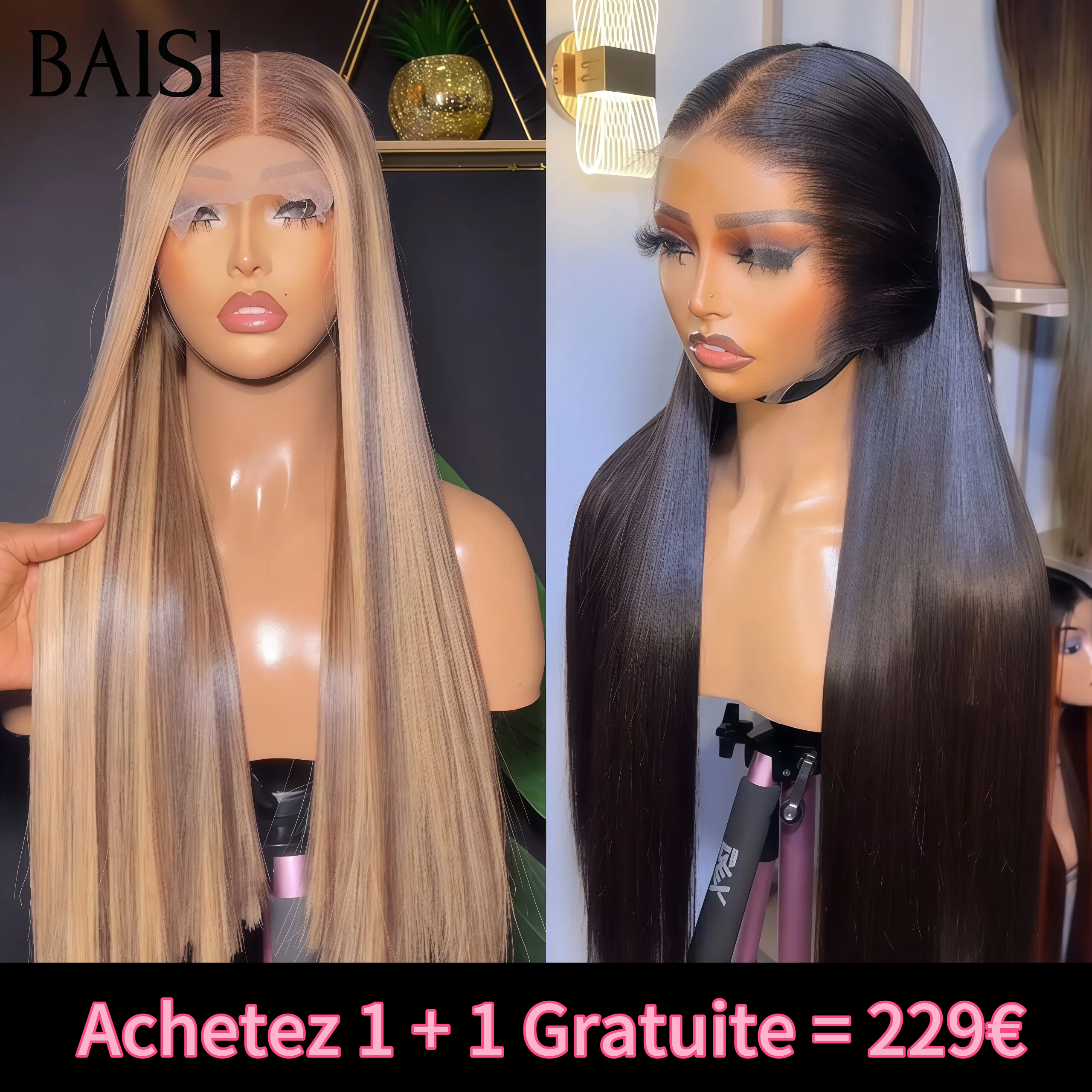 BAISI Achetez 1 + 1 Gratuite = 229€ 13X4 lace frontal 24 Pouces Lisse en couleur NOIR et Marron Mixte Miel En 100% Cheveux Humains