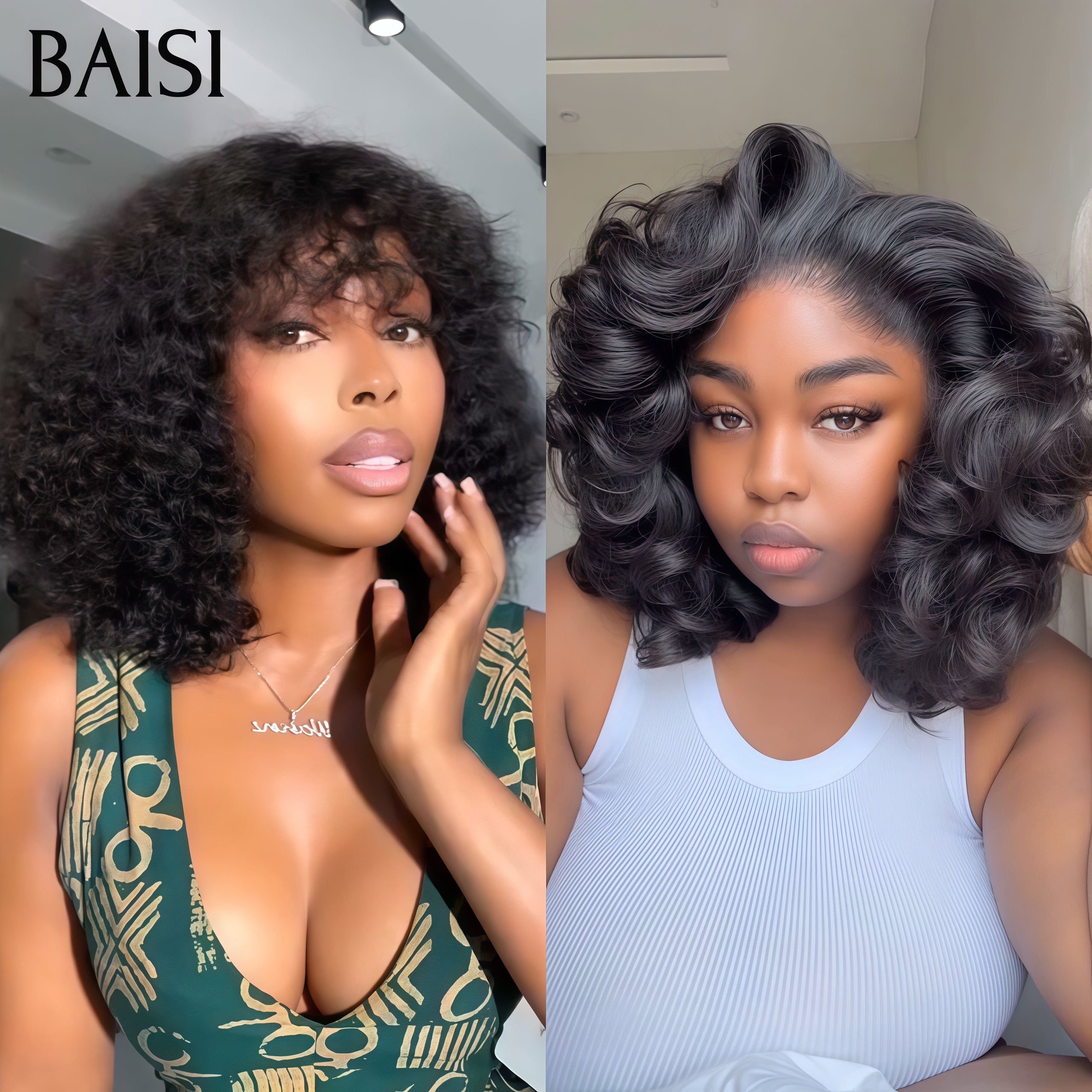 BAISI Vente en gros 2 perruques 139€ 12 Pouces 13x4 lace frontal egg wave NOIR et Bob water wave avec Frange en 100% vrais cheveux humains