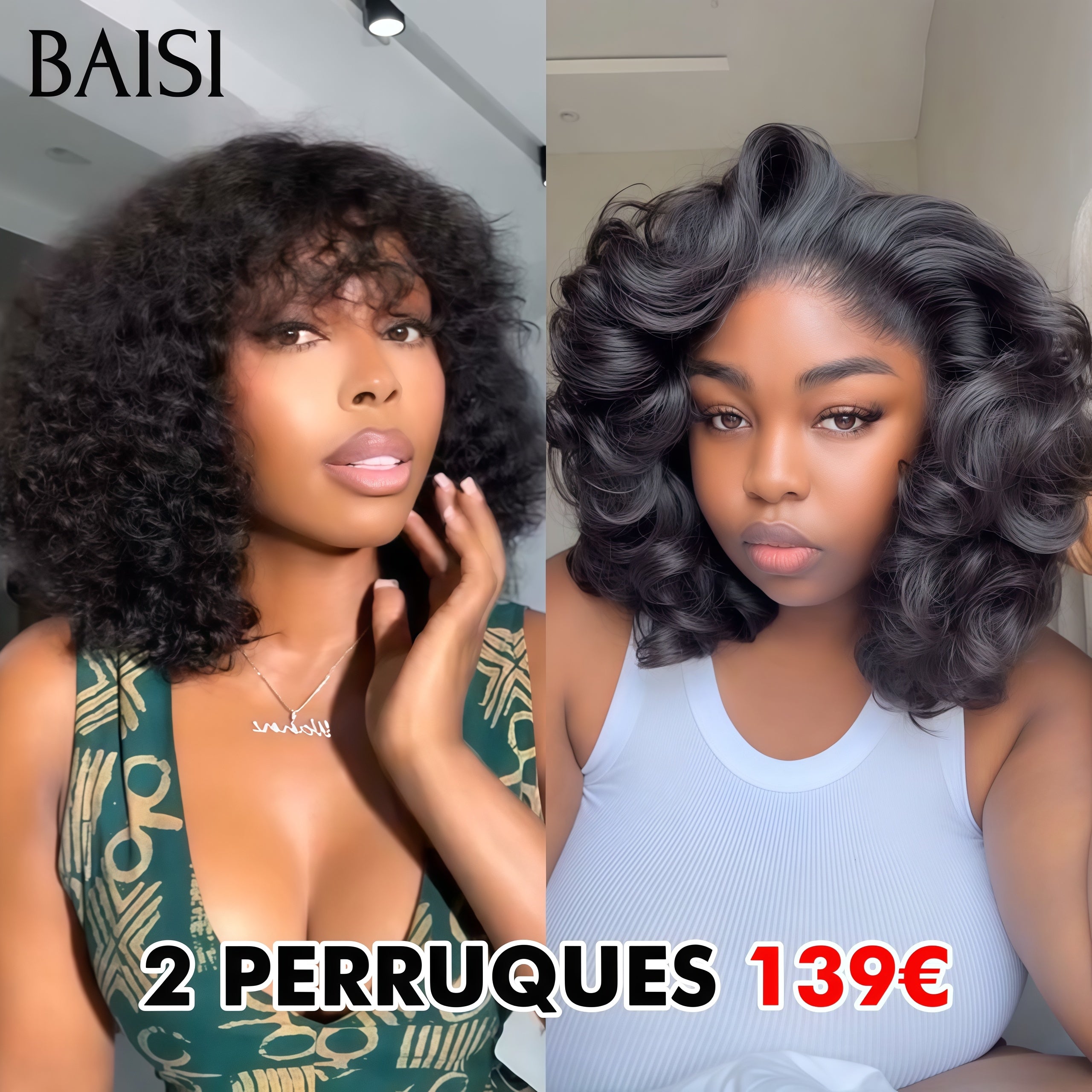 BAISI Vente en gros 2 perruques 139€ 12 Pouces 13x4 lace frontal egg wave NOIR et Bob water wave avec Frange en 100% vrais cheveux humains