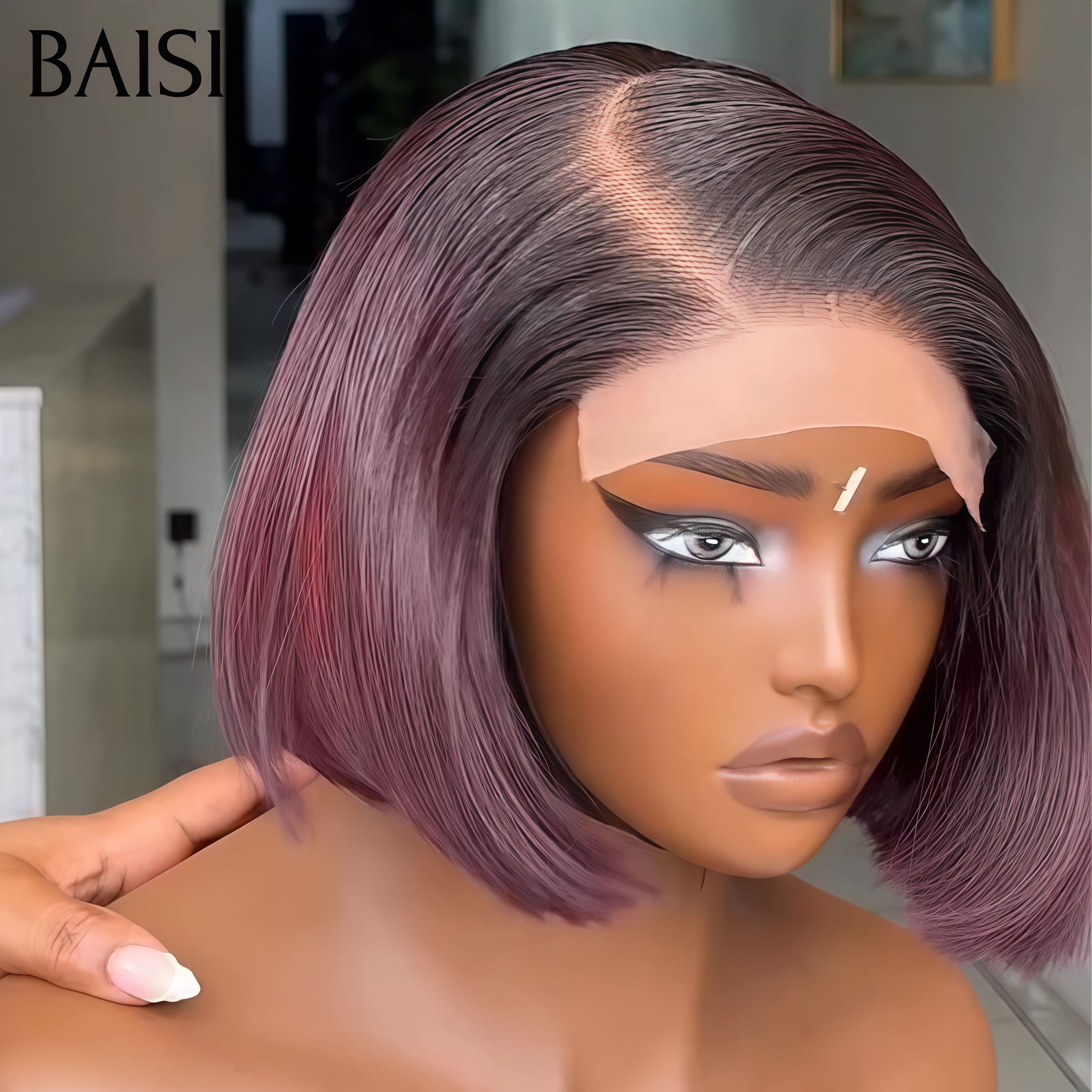BAISI 4X4 lace closure Perruque Bob Lisse 10 Pouces en couleur Bordeaux avec racine NOIR #1B99J 100% Cheveux Humains