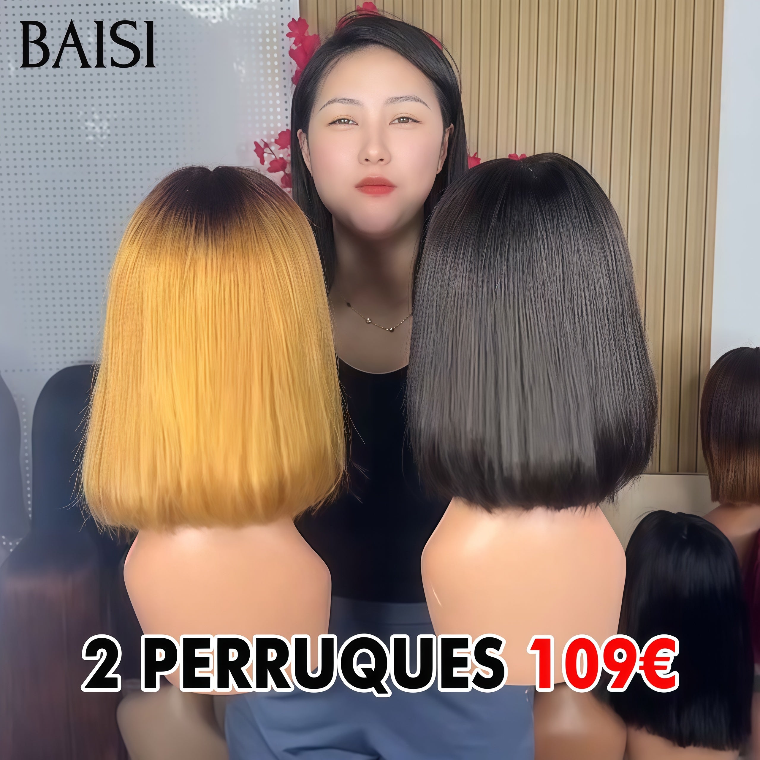 BAISI Grande PROMO 2 perruques 109€ 13X4 lace frontal lisse bob 8 Pouces en couleur NOIR et miel en 100% vrais cheveux humains