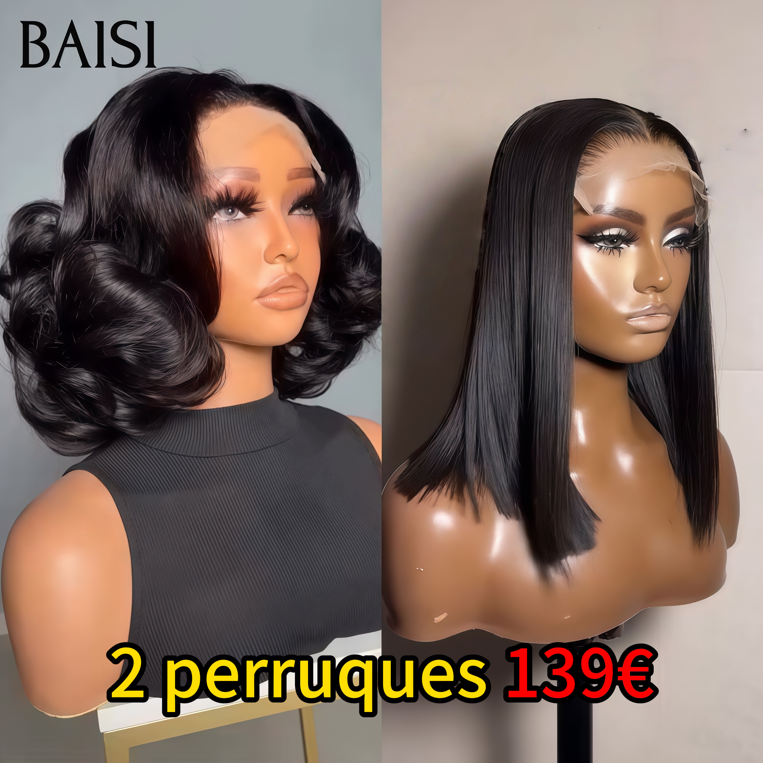 BAISI Perruques Vente Conbinée 139€ 5x5 lace closure egg wave 10 Pouces et 4x4 lace Lisse 10 Pouces en 100% Cheveux Humains
