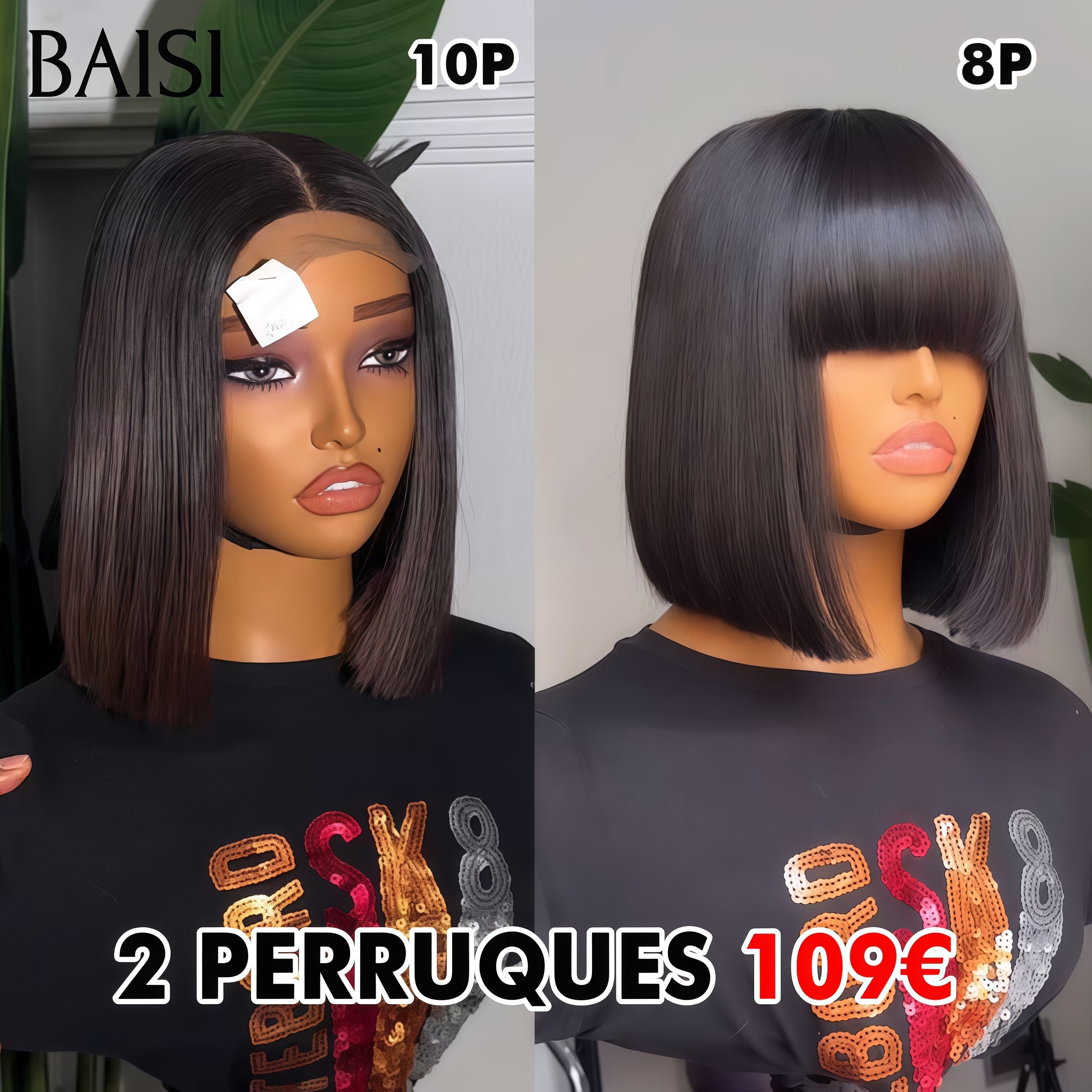 BAISI vente flash 2 perruques 109€ 4x4 lace Lisse BOB 10 Pouces et Lisse avec Frange 8 Pouces en 100% vrais cheveux humains code : FR20