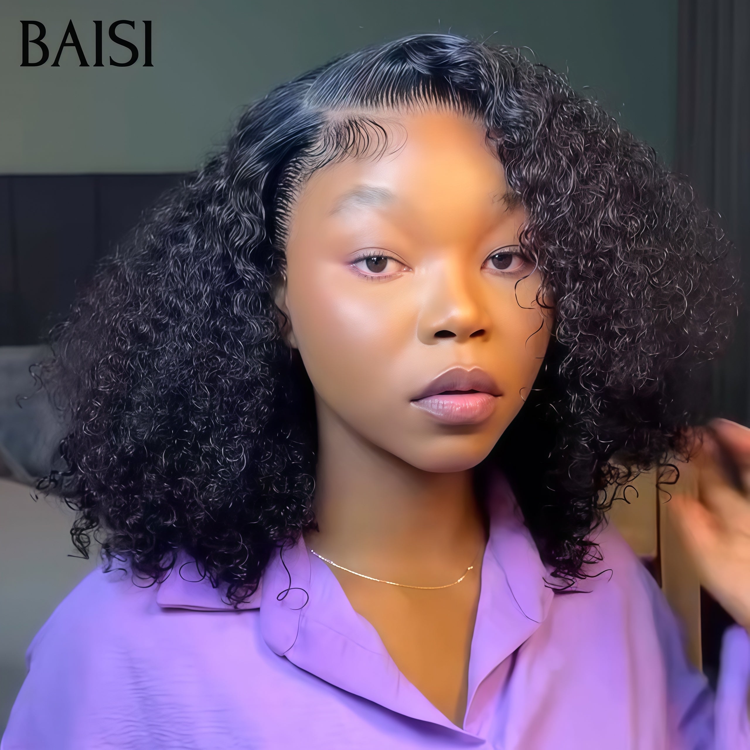 BAISI 13x4 Sans Colle Perruque Bob Curly en Noir 8-14 Pouces Lace déjà couper Facile à Porter en 100% Cheveux Humains