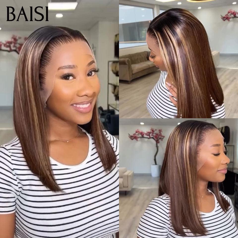 BAISI 13x4 Frontal Perruque Lisse en Couleur marron Mixte miel 4#27# moitié prix en 100% Cheveux Humains MP50