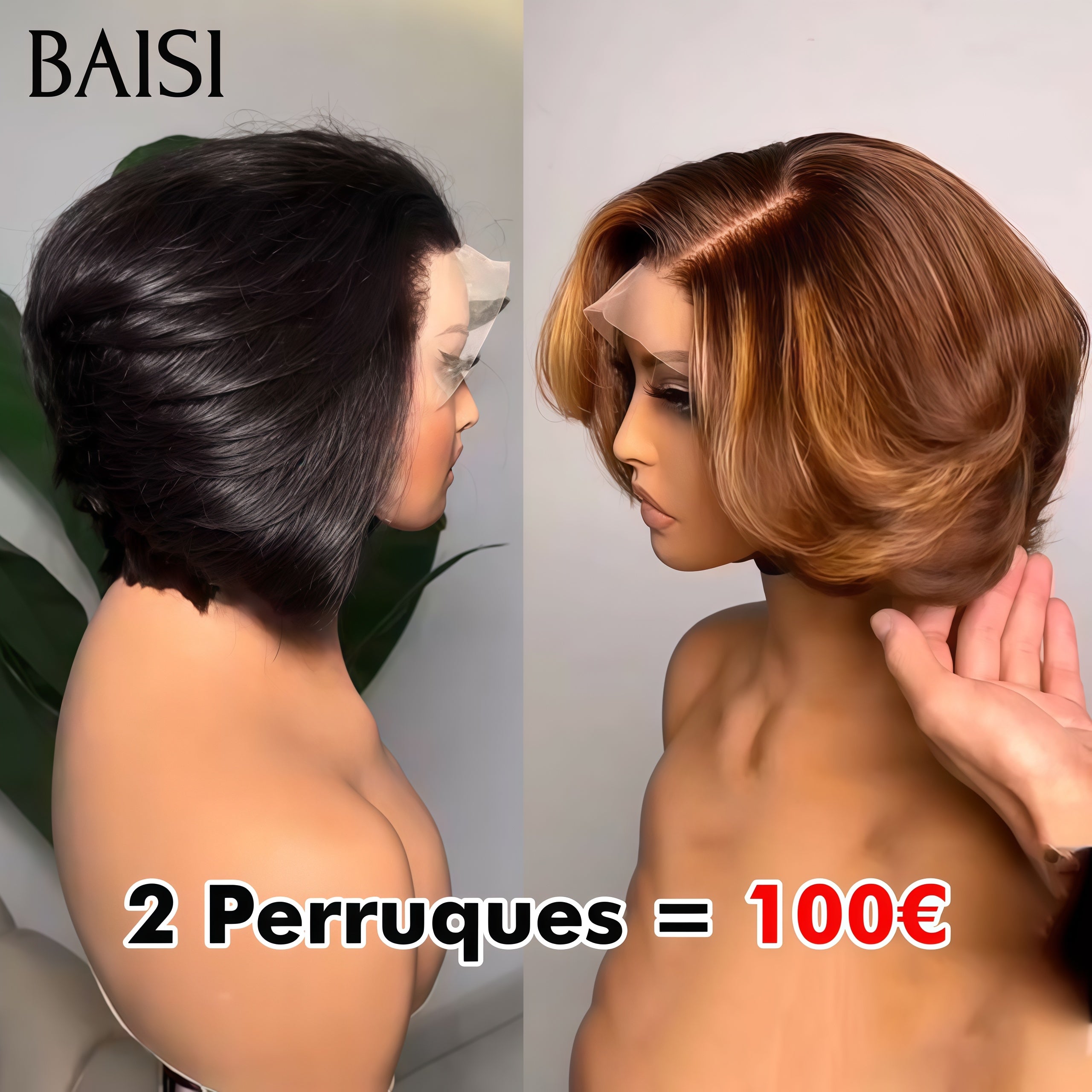 BAISI 2 Perruques Pixie 100€ Réduction avec code promo en couleur NOIR et Mixte en 100% vrais cheveux humains FR38