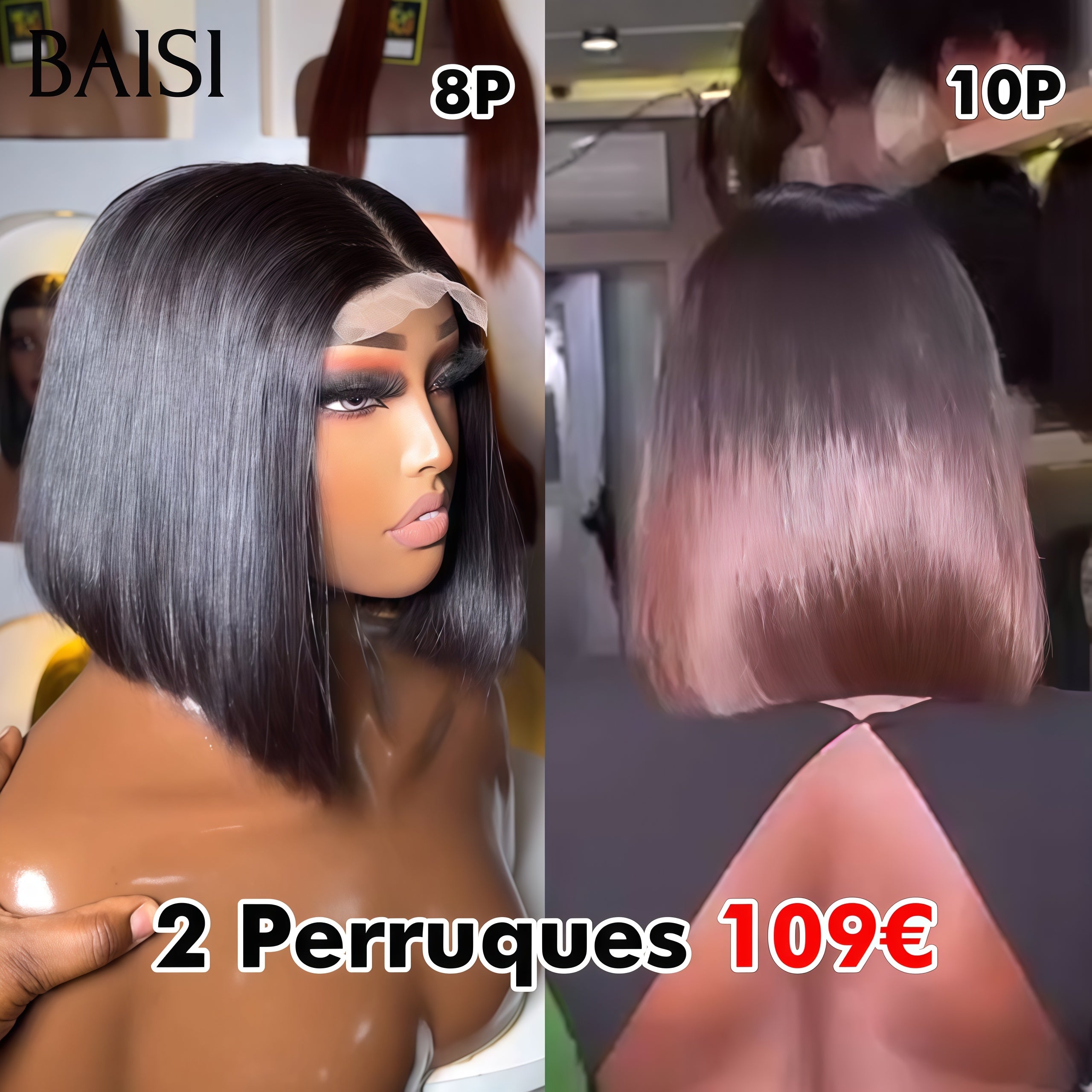BAISI vente flash 2 perruques 109 euro 4x4 lace closure NOIR 8 Pouces et Marron 10 Pouces Lisse en 100% vrais cheveux humains