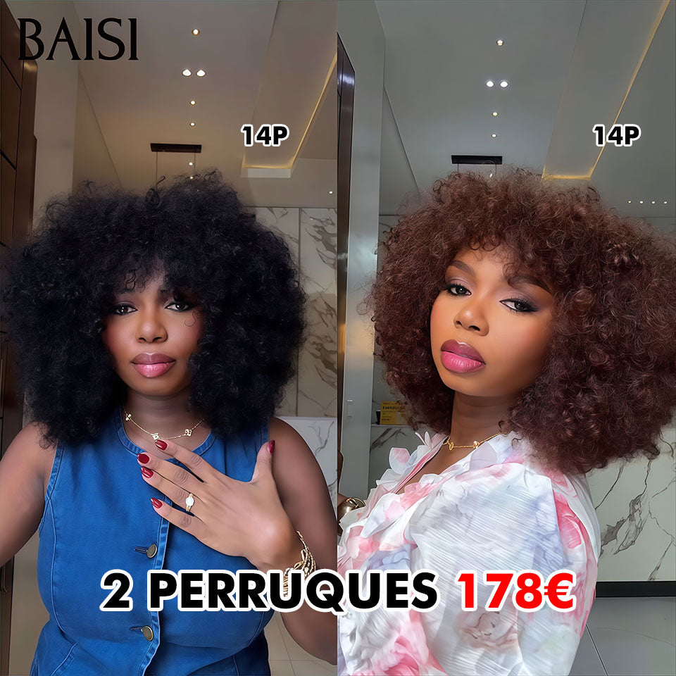 BAISI 2 Perruques 178€ Ventes En Gros 300% densité Bouclée Egg Wave avec frange 14 pouces en 100% Cheveux Vierges