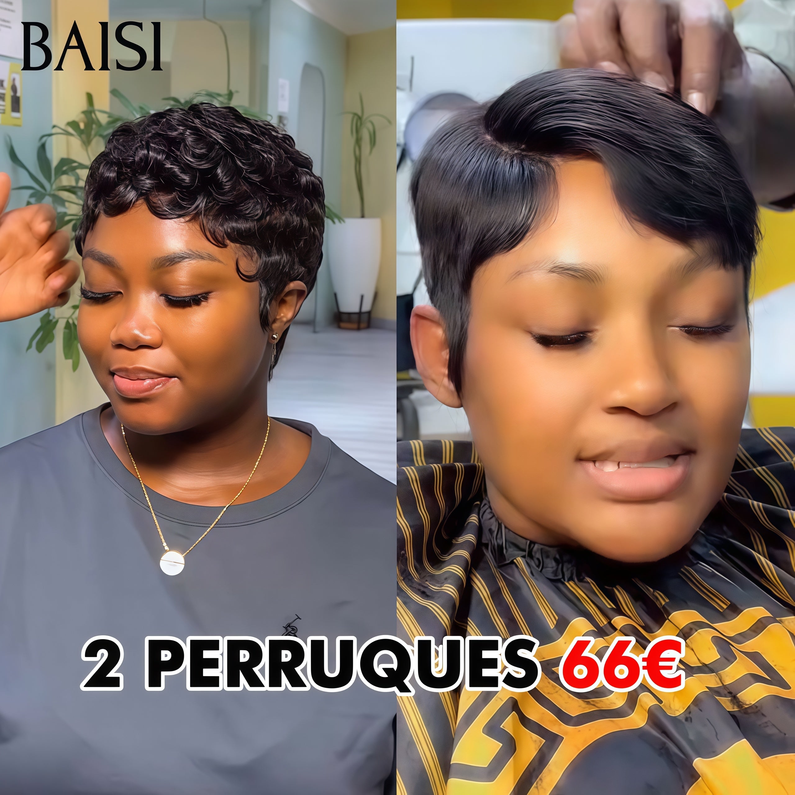 BAISI HAIR FR 2 Pixie Perruques 66€ sans Colle finger wave NOIR et 13X4 lace pixie Lisse 100% Cheveux Humains