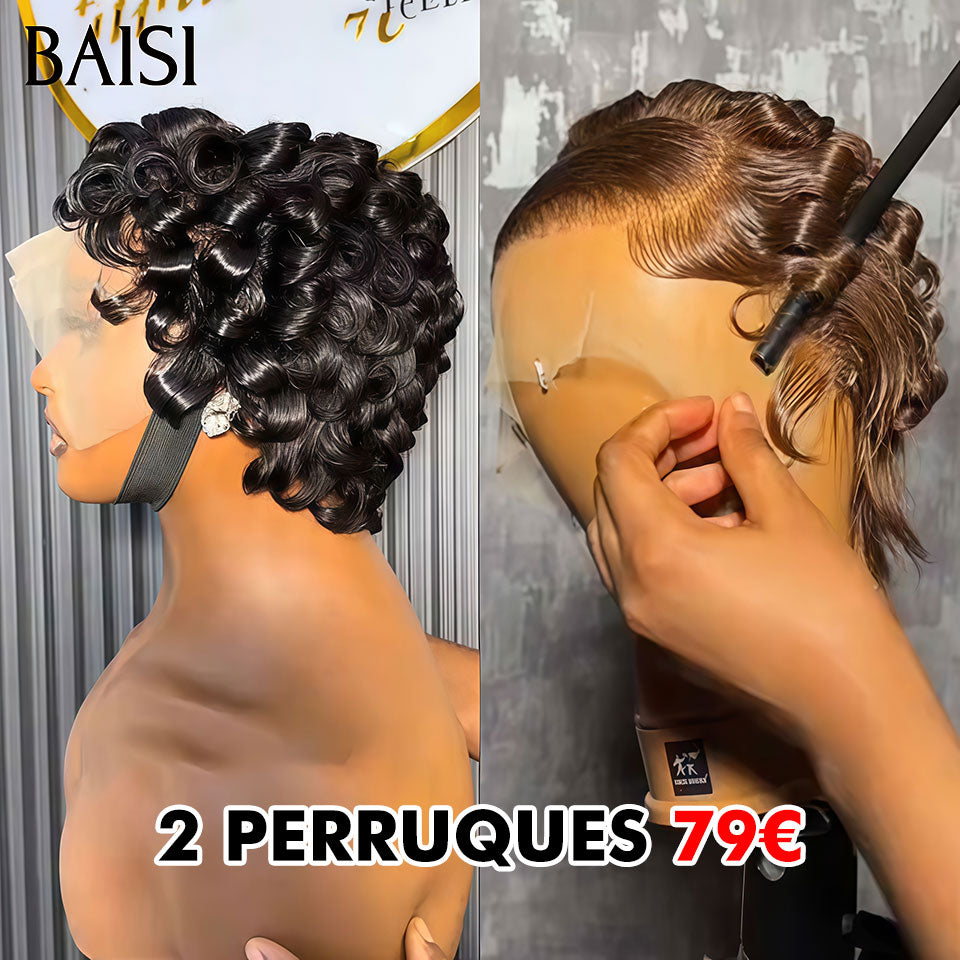 BAISI Perruques Vente Conbinée 2 Perruques chioma avec frontal finger wave en couleur NOIR et Marron 79€ 100% Cheveux Humains