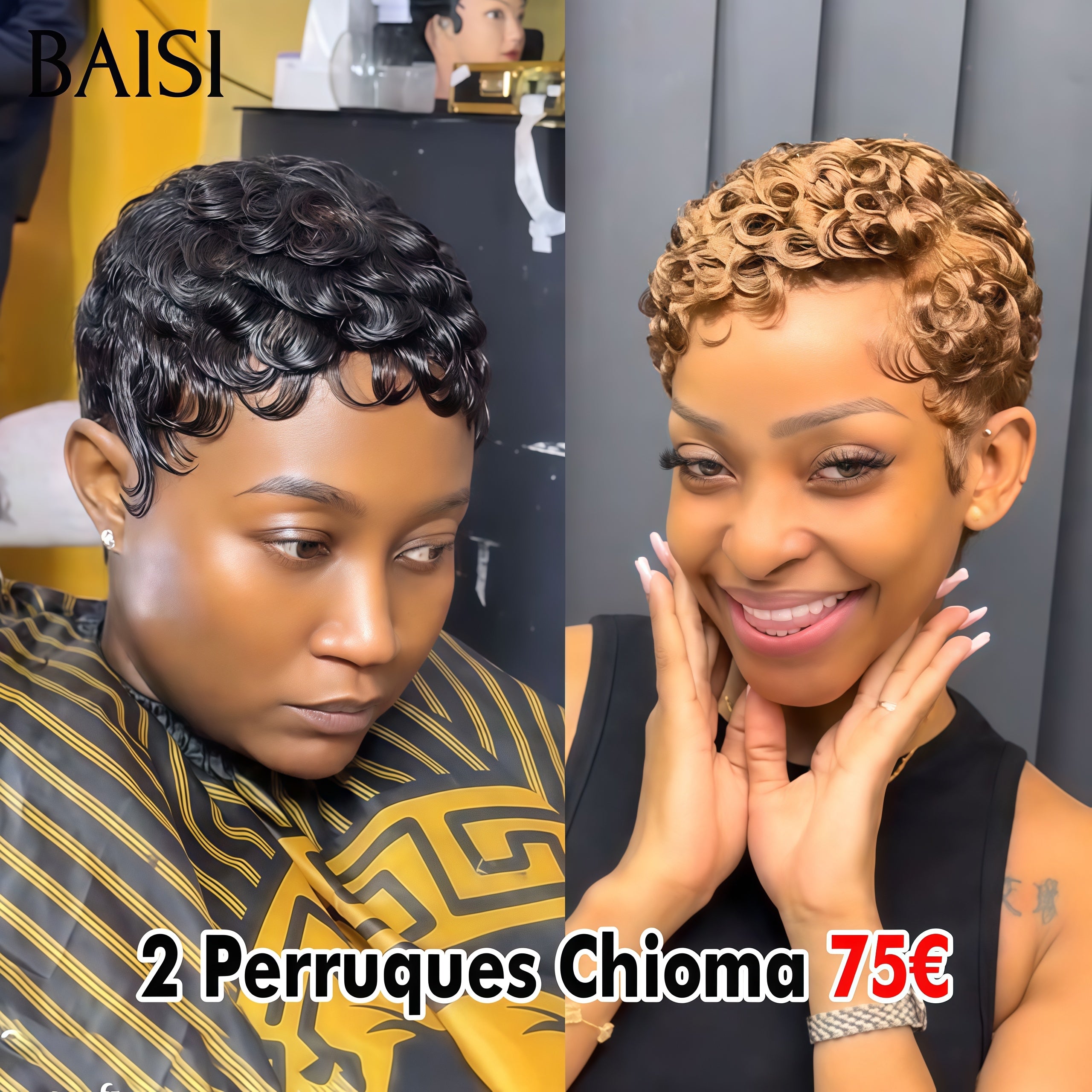 BAISI vente flash 2 Perruques Chioma 75€ pixie finger wave sans lace NOIR et 13x4 lace Marron en 100% vrais cheveux humains