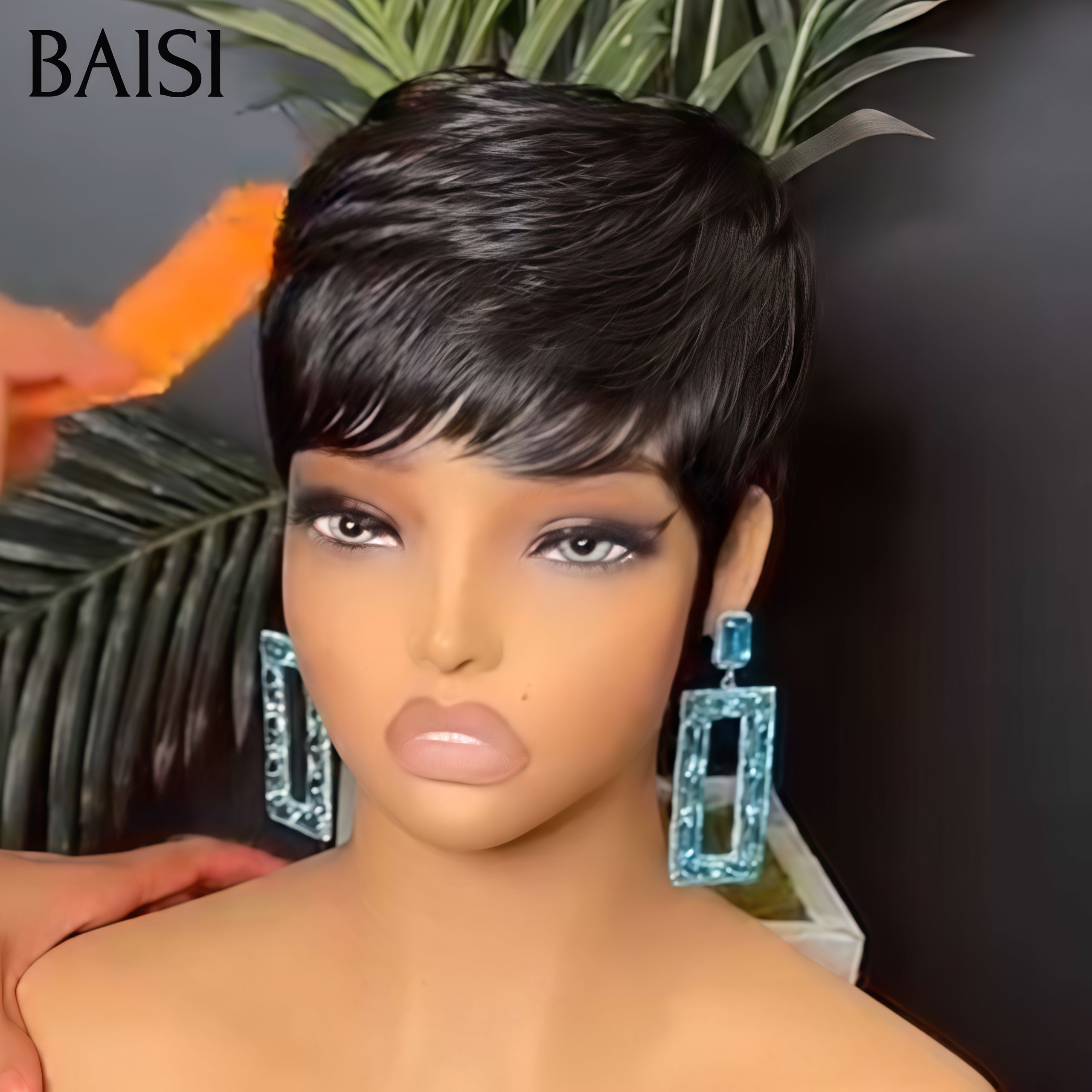 BAISI Perruque Pixie lisse petite coupe fabriqué à la machine moitié prix NOIR 42€ ou 109€ en couleur 1B/Gris En 100% Cheveux Humains MP50