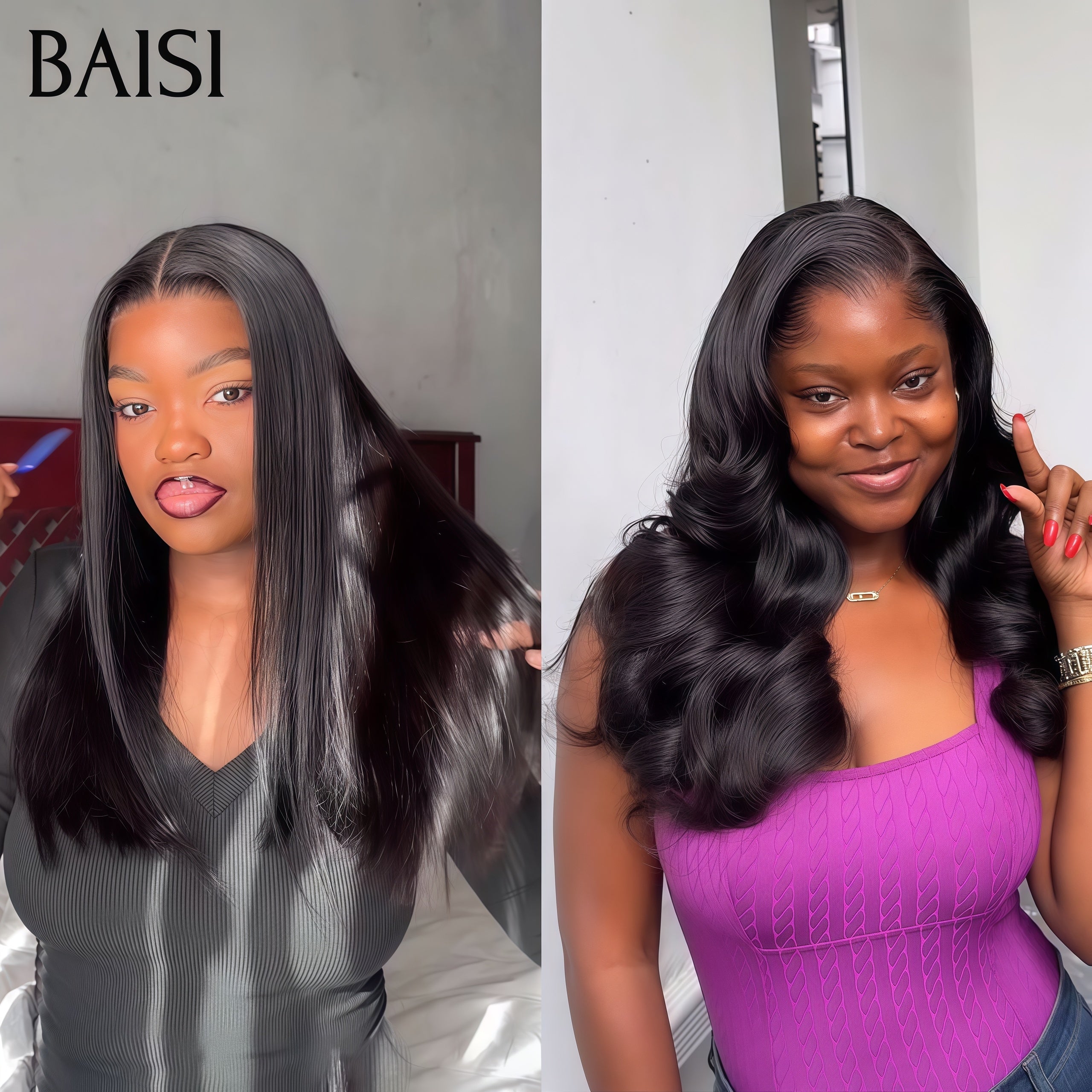 BAISI Set of 2 Wigs 18 inch 149€ 4x4 lace closure Body wave and Straight in 100% Raw Hair