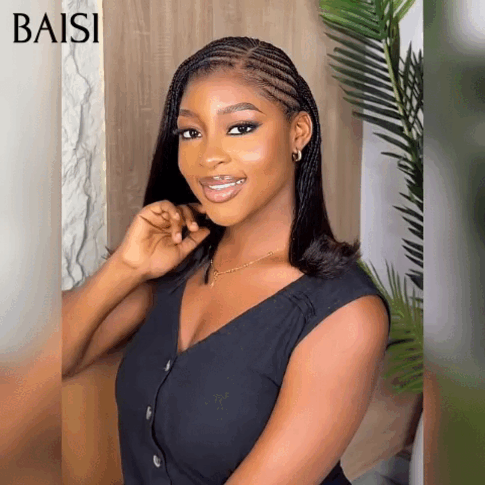 BAISI Perruque avec coiffure tressée natte Promo Moitié Prix 99€ Bob NOIR 14 Pouces facile à porter En 100% cheveux humains