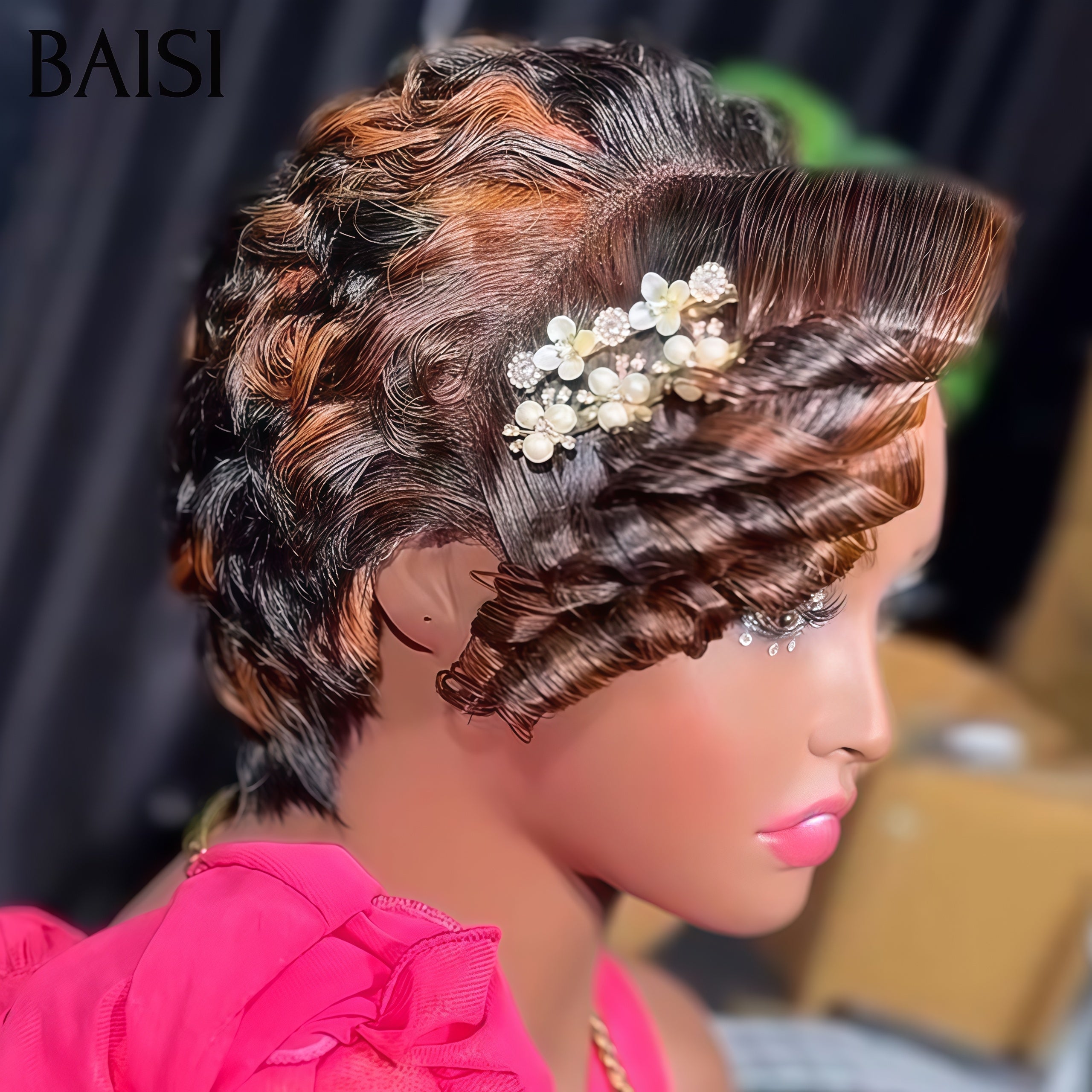 BAISI Perruque 68€ pixie Coiffure 13X4 lace frontal finger wave comme la video Personnalisation des couleurs en 100% Cheveux humains