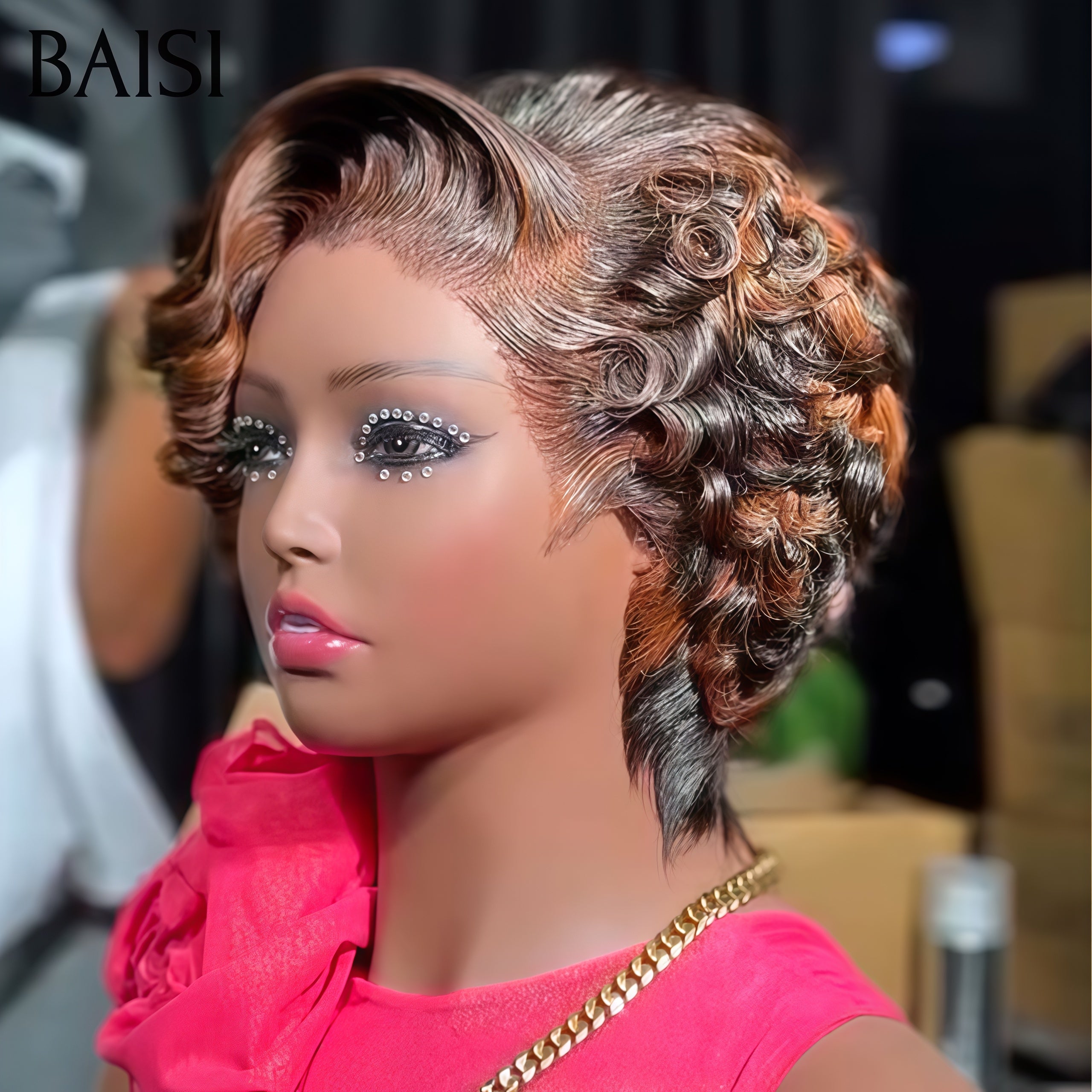 BAISI Perruque 68€ pixie Coiffure 13X4 lace frontal finger wave comme la video Personnalisation des couleurs en 100% Cheveux humains