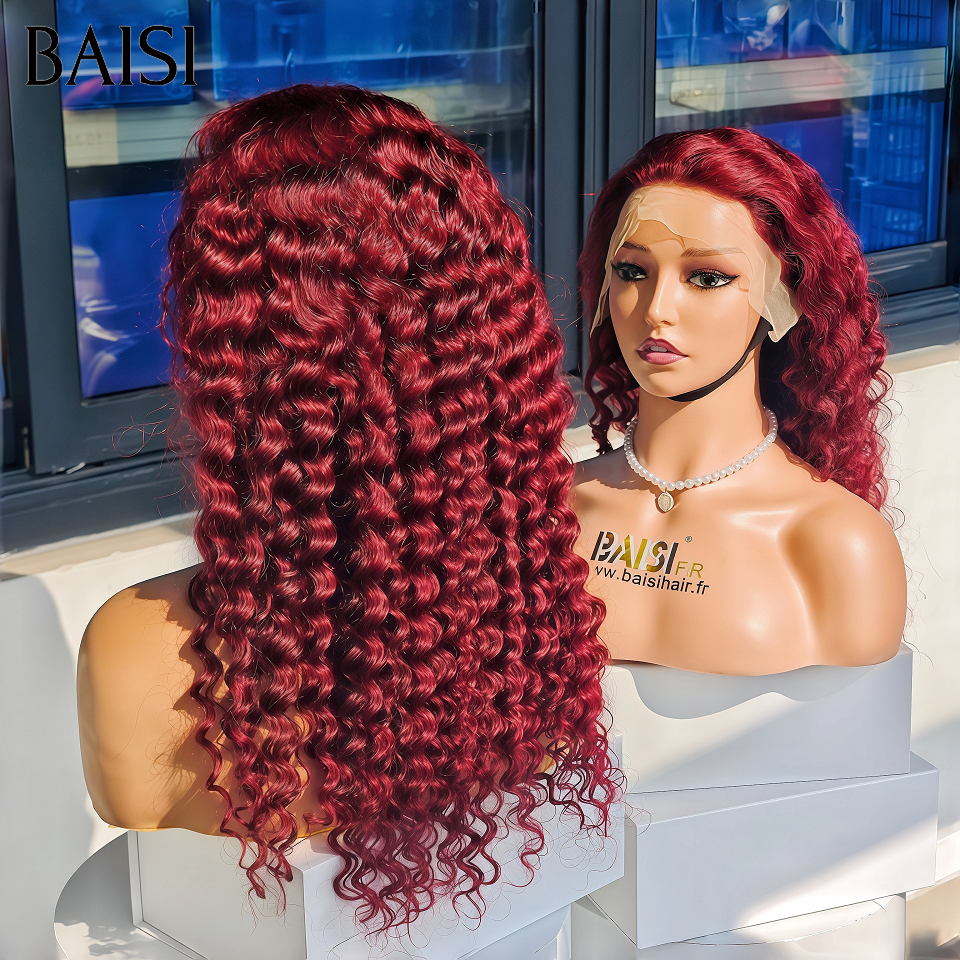 BAISI 13X4 lace frontal Perruques deep wave 12 pouces 69€ en couleur Bordeaux 100% Garantie satisfait PROMO Offre spéciale en 100% vrais cheveux humains