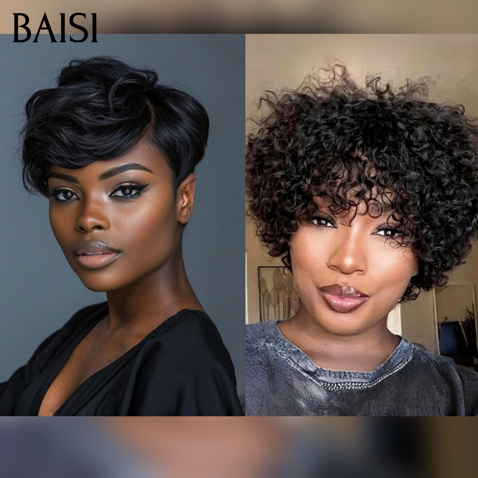 BAISI Promo en France 2 Perruques 69€ pixie PRIX GROSSITE pixie curly avec Frange sans Colle et lace frontal pixie en 100% Cheveux Humains