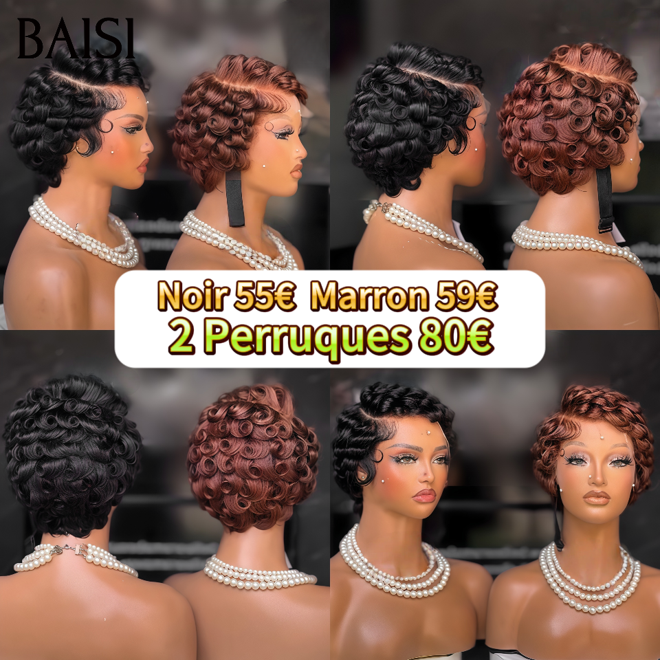 BAISI 2 Perruques 80€ 13x4 lace perruque chioma en couleur NOIR et Marron finger wave en 100% vrais cheveux humains