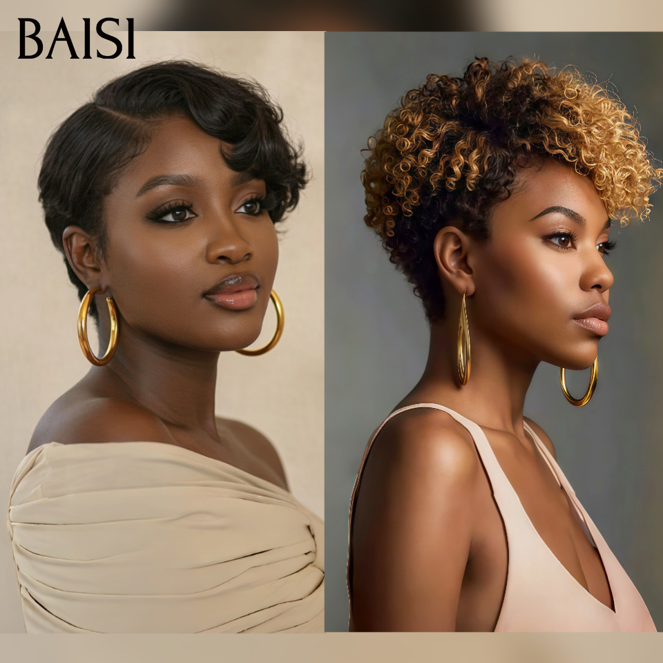 BAISI pour revendre 2 perruques 88€ 13x4 lace pixie Lisse NOIR et sans Colle curly wave Miel en 100% vrais cheveux humains