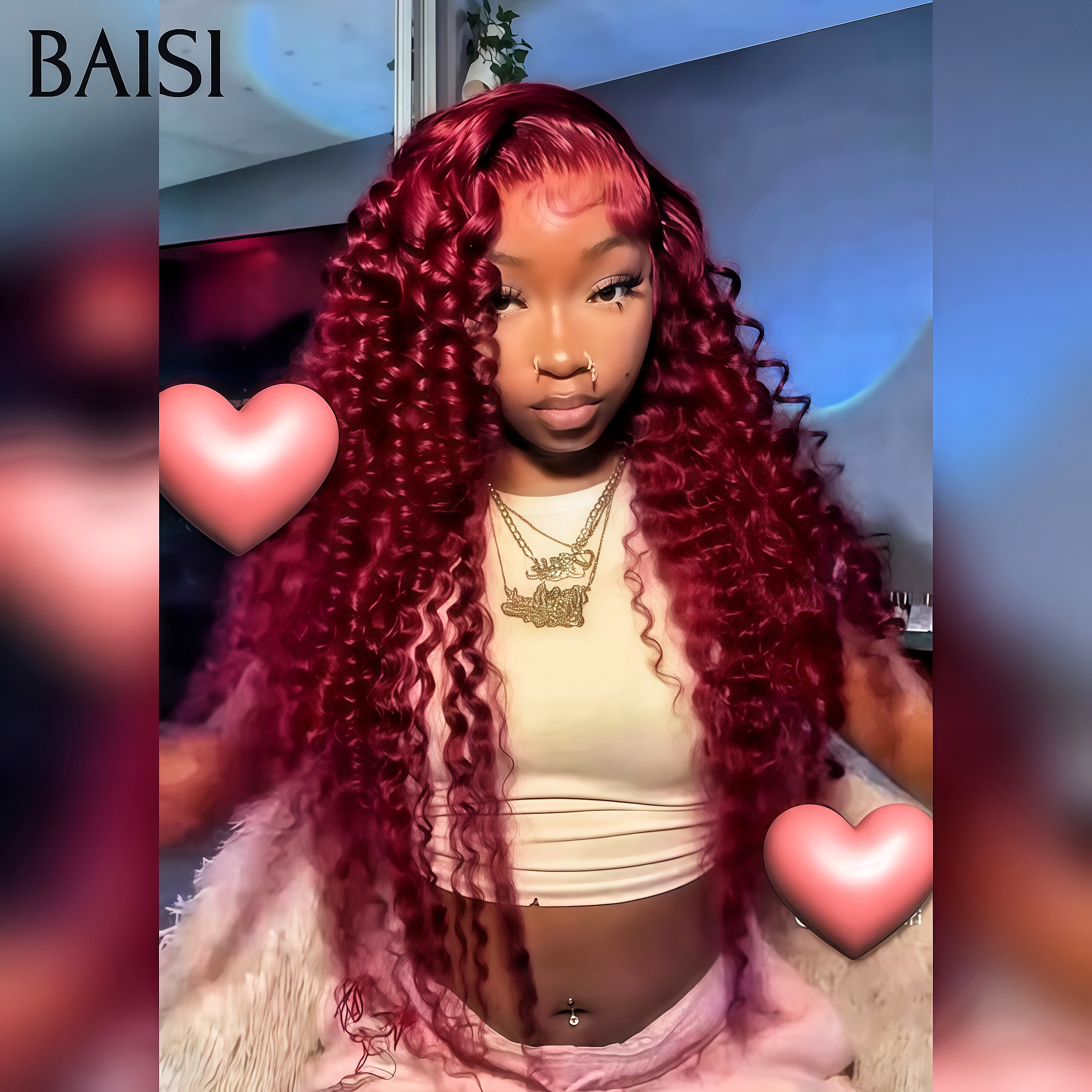BAISI 13X4 Perruque lace frontal Deep Wave 20 pouce 120€ En Bordeaux 99J# en 100% Raw Hair