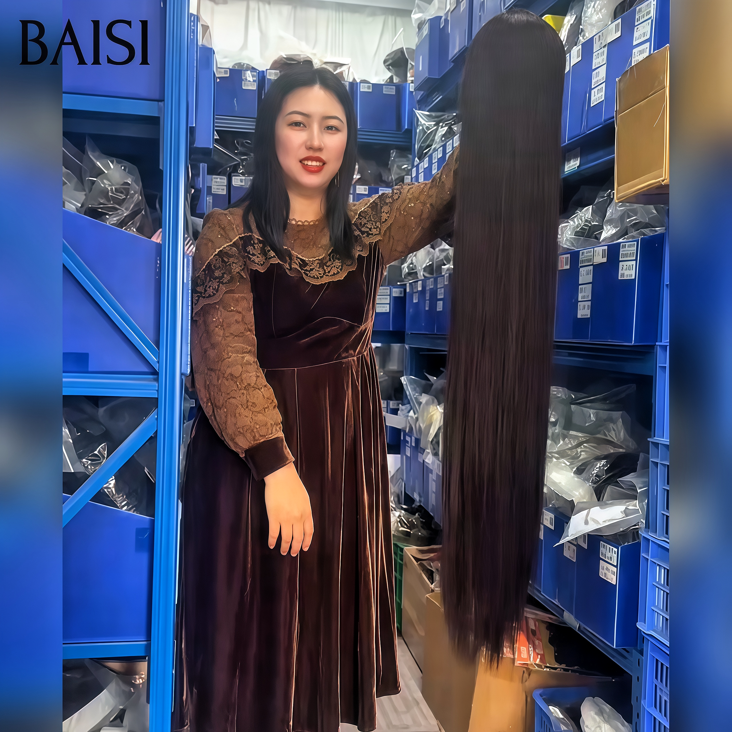 BAISI Perruque Lisse 100% blended humains hair avec Frange sans Colle Fabriqué à la Machine 40 Pouces 100€ cheveux de luxe SY comme la vidéo