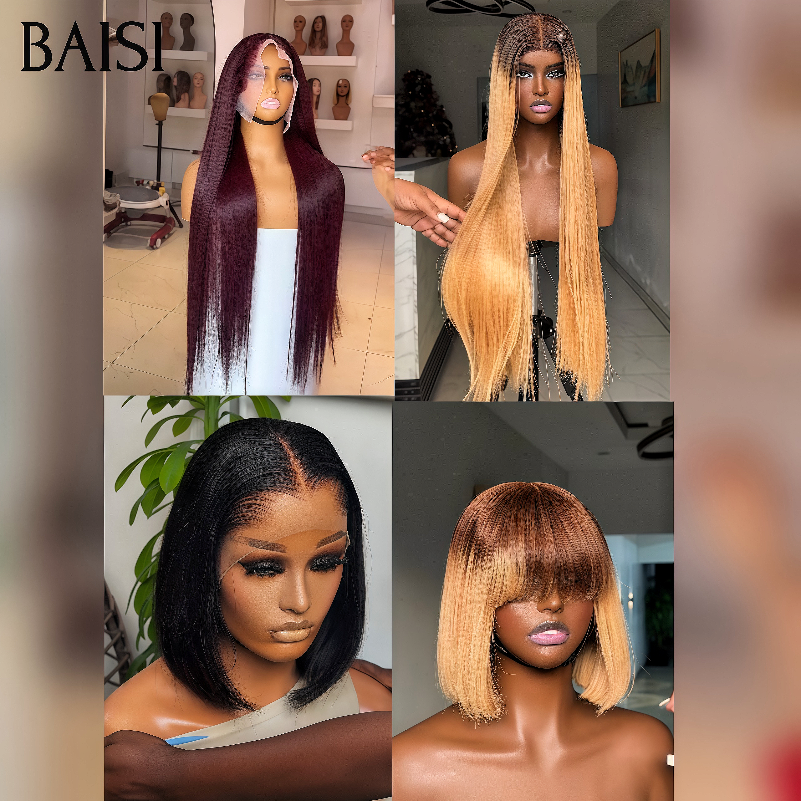 BAISI 4 Perruques 299€ 13x4 lace frontal Lisse Qualité Garantie 3 couleurs noir et miel et bordeaux en 100% Cheveux Humains
