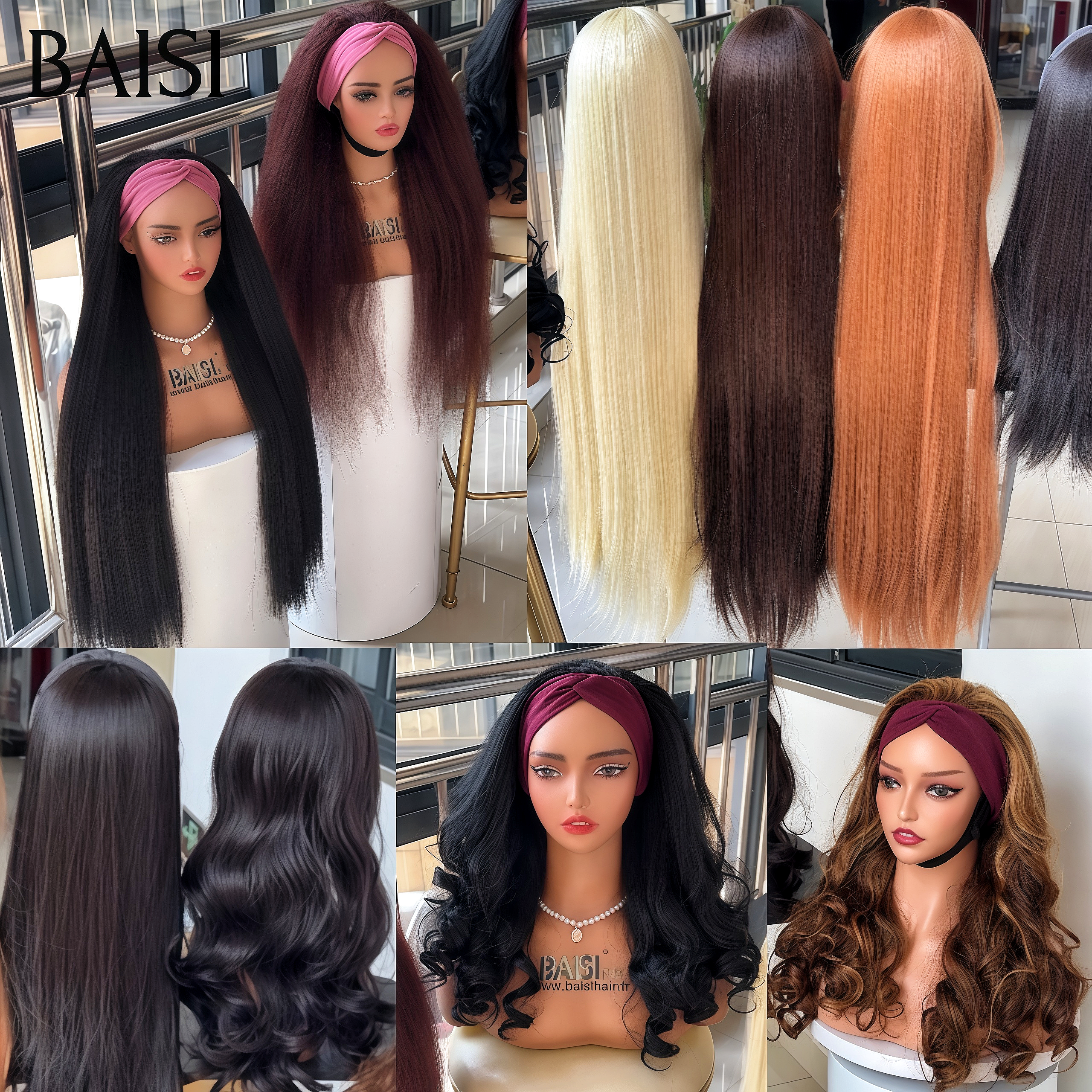 BAISI 9 Perruques 300€ en Blended human hair Lisse avec Frange ou perruque bandeau sans Colle Fabriqué à la Machine raw hair