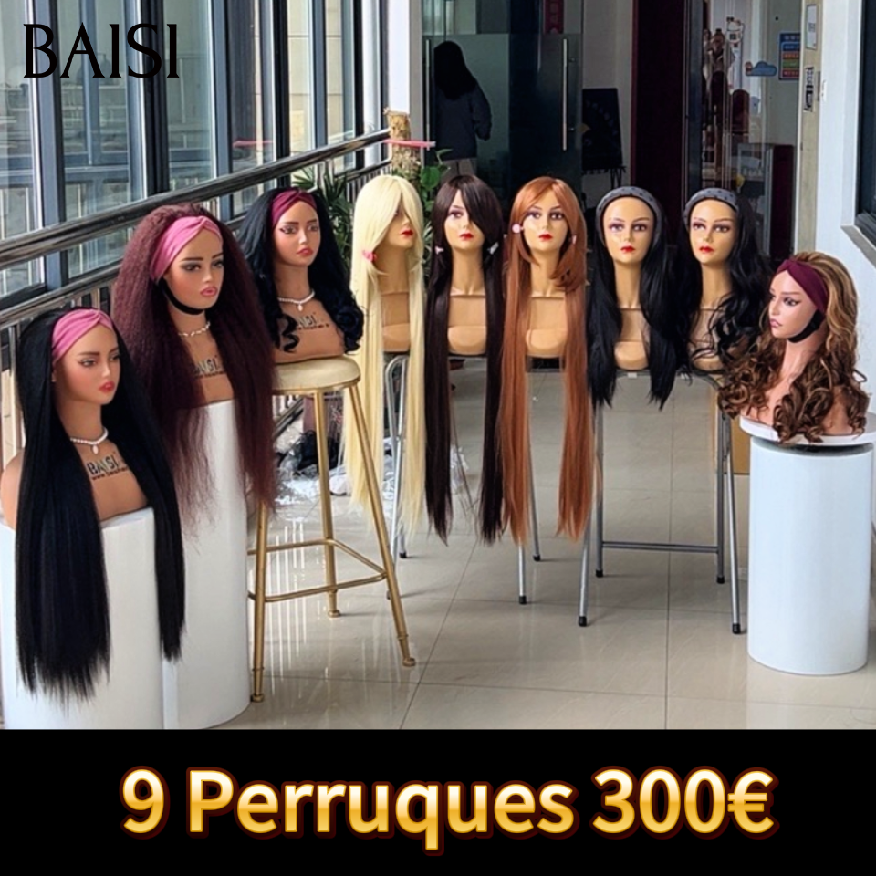 BAISI 9 Perruques 300€ en Blended human hair Lisse avec Frange ou perruque bandeau sans Colle Fabriqué à la Machine raw hair