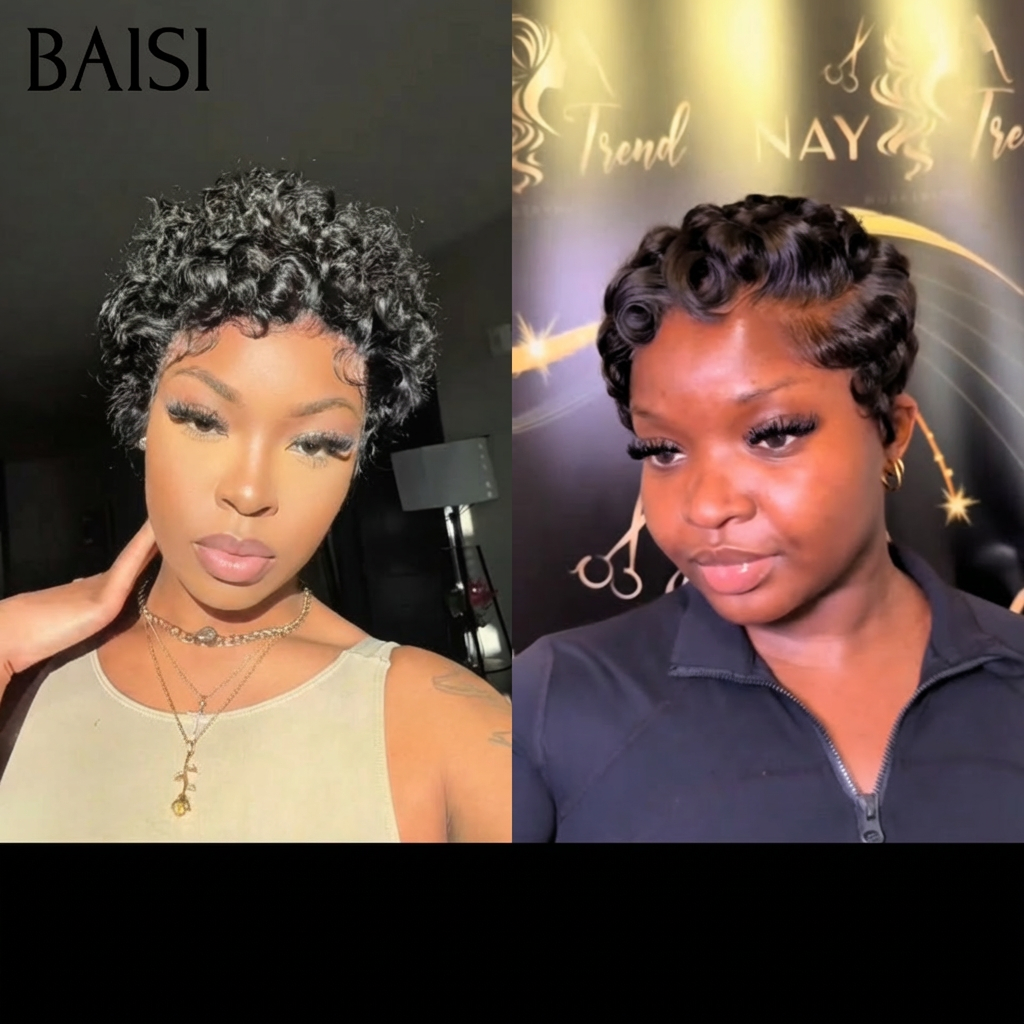 BAISI Moitié Prix PROMO perruque en France 13x4 lace frontal pixie curly ou chioma finger wave 100% Cheveux Humains