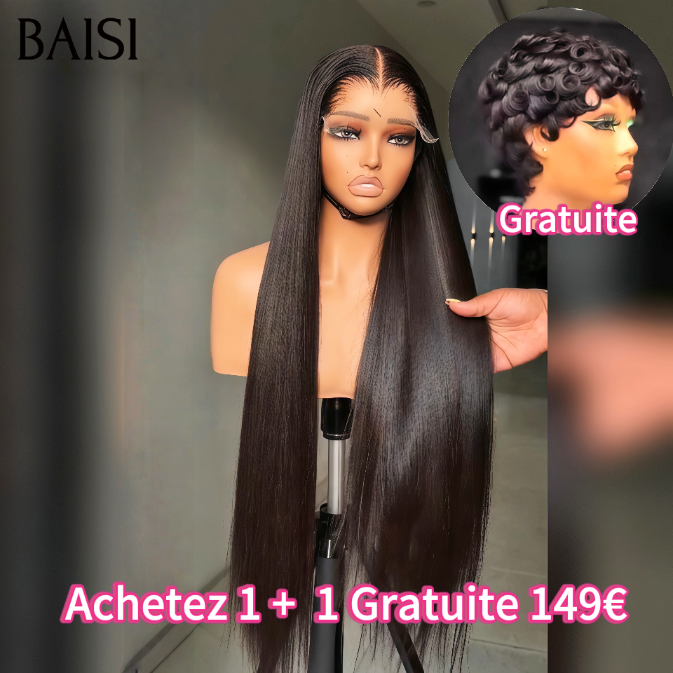 BAISI Achetez 1 + 1 Gratuite 149€ 13x4 lace frontal Lisse 24 Pouces et pixie perruque chioma finger wave en 100% vrais cheveux humains
