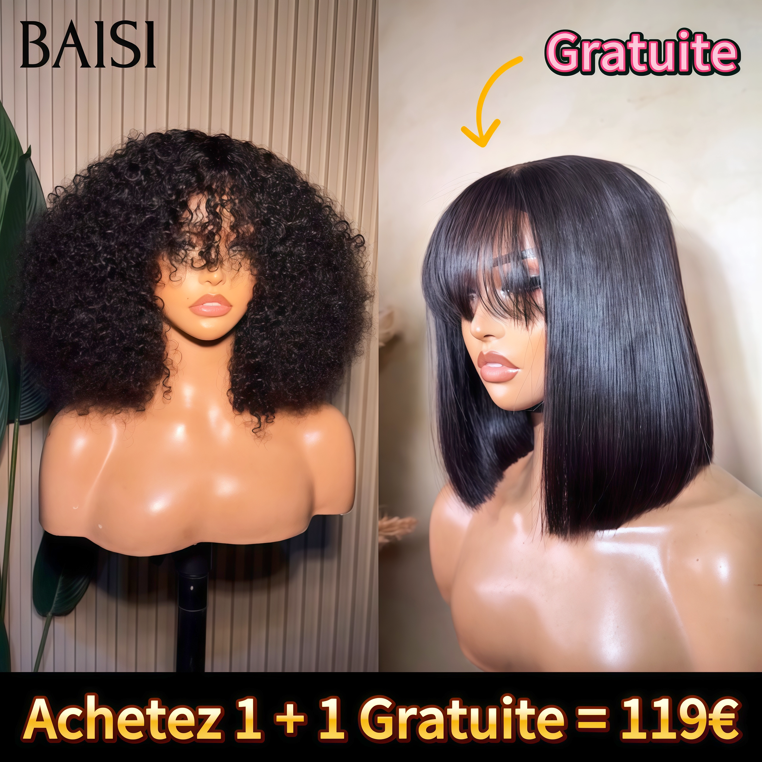 BAISI Lot de 2 perruques Achetez 1 + 1 Gratuite = 119€ BOB Lisse avec Frange et water wave en 100% vrais cheveux humains